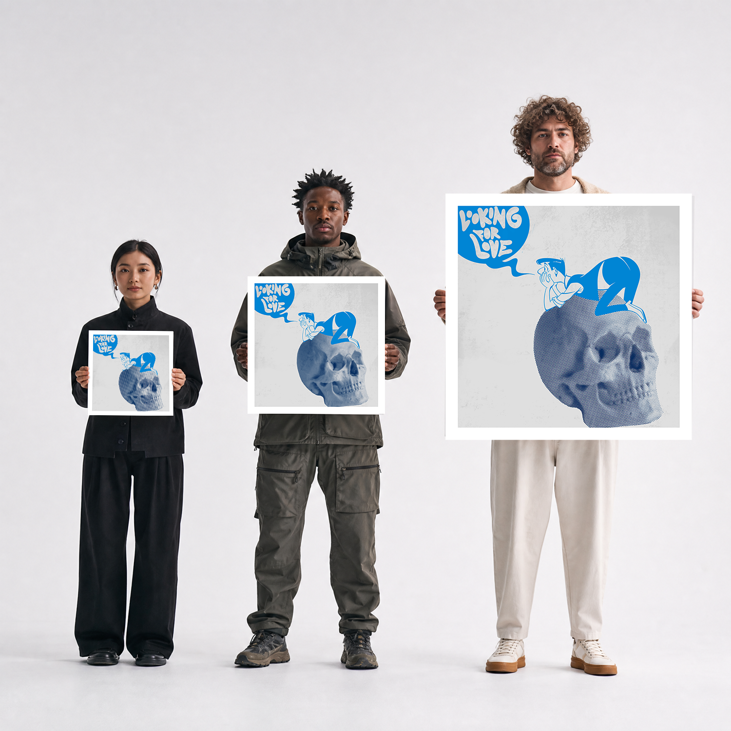 Scale comparison photo showing the 12x12, 20x20, and 40x40 print sizes of 'Looking For Love' by Sunday Morning, held by three models for size reference.