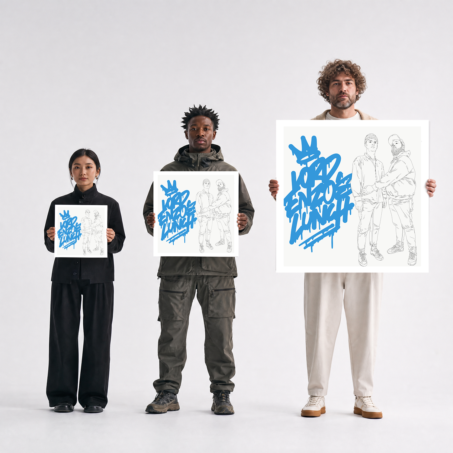 Scale comparison photo showing the 12x12, 20x20, and 40x40 print sizes of 'Lord Enzo Lunch' by Sunday Morning, held by three models for size reference.