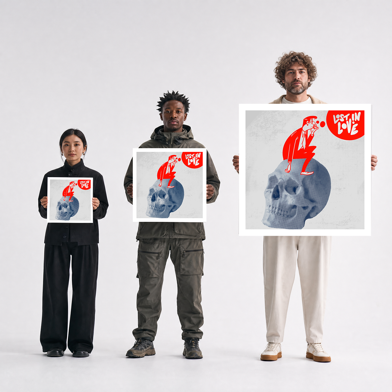 Scale comparison photo showing the 12x12, 20x20, and 40x40 print sizes of 'Lost In Love' by Sunday Morning, held by three models for size reference.