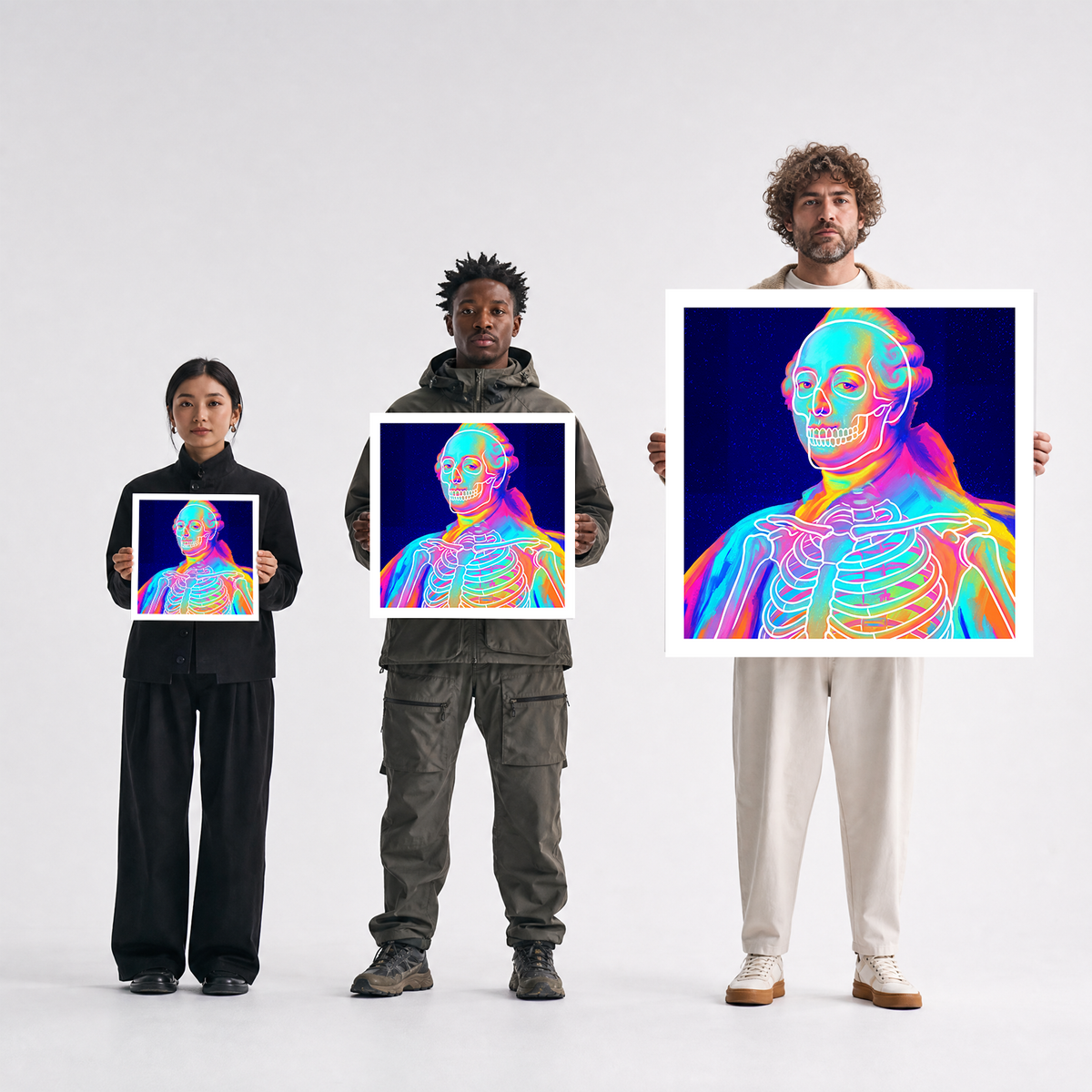 Scale comparison photo showing the 12x12, 20x20, and 40x40 print sizes of 'Lou' by Sunday Morning, held by three models for size reference.