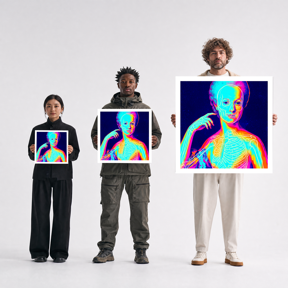 Scale comparison photo showing the 12x12, 20x20, and 40x40 print sizes of 'Marie' by Sunday Morning, held by three models for size reference.