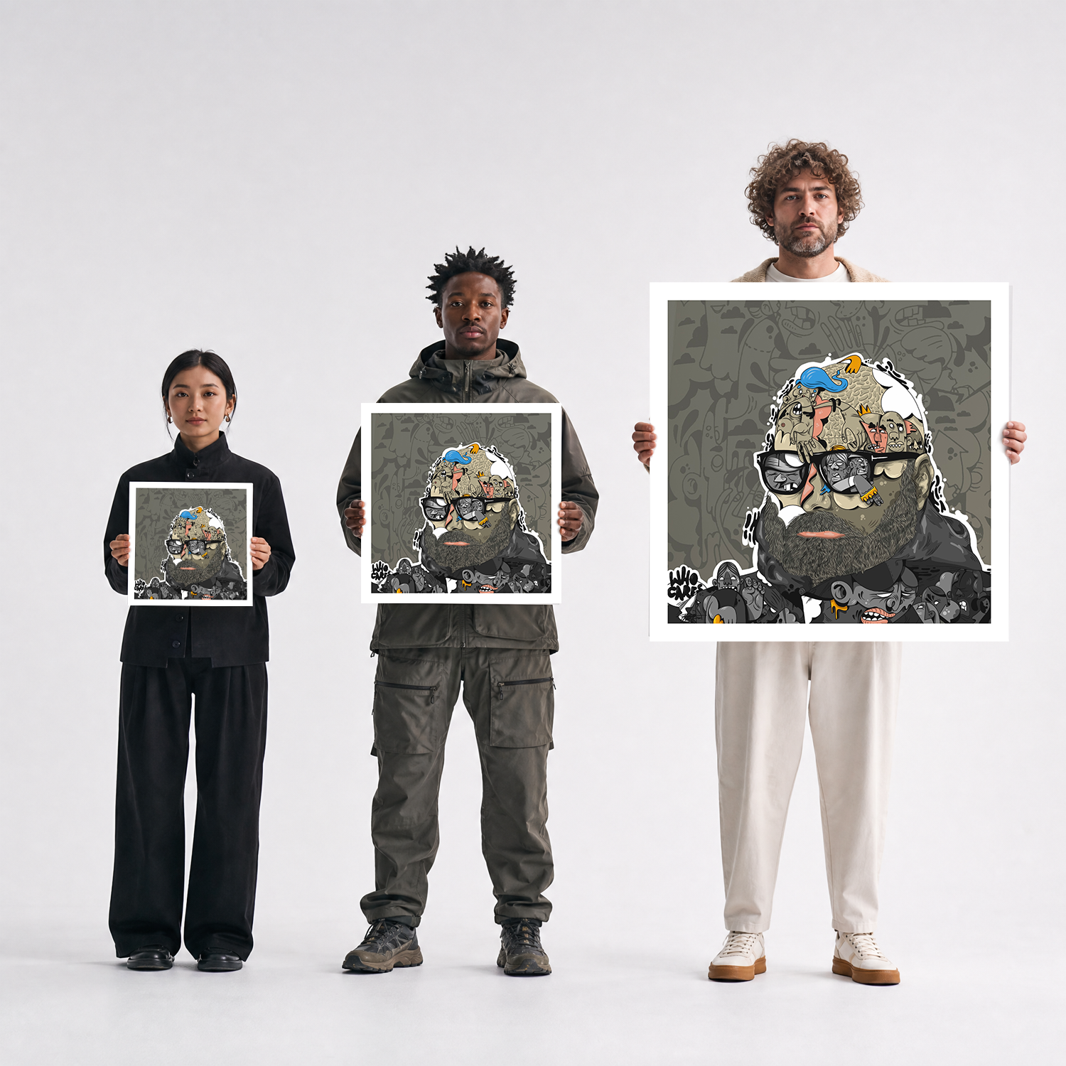 Scale comparison photo showing the 12x12, 20x20, and 40x40 print sizes of 'Meet Me' by Sunday Morning, held by three models for size reference.