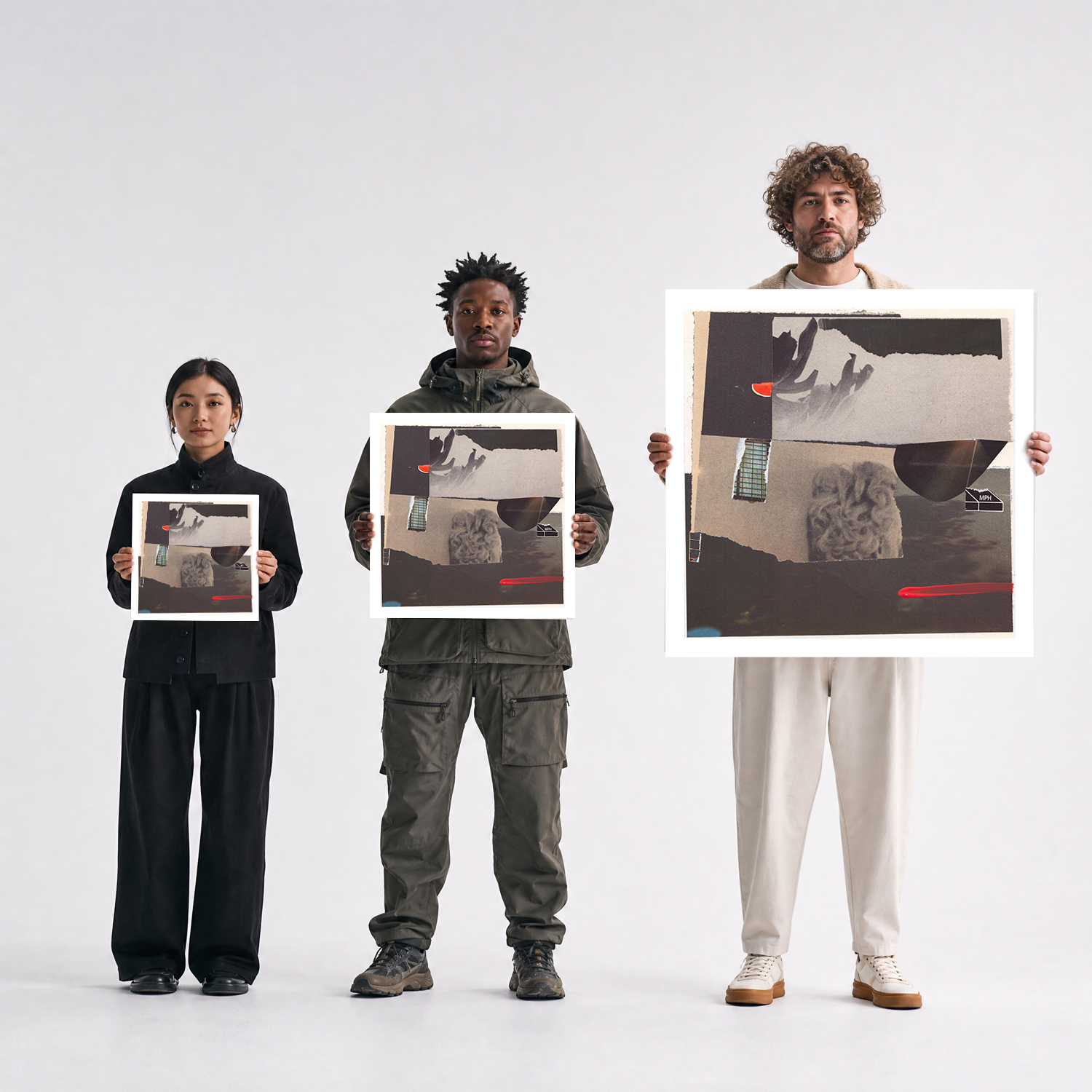 Scale comparison photo showing the 12x12, 20x20, and 40x40 print sizes of 'MPH' by Sunday Morning, held by three models for size reference.