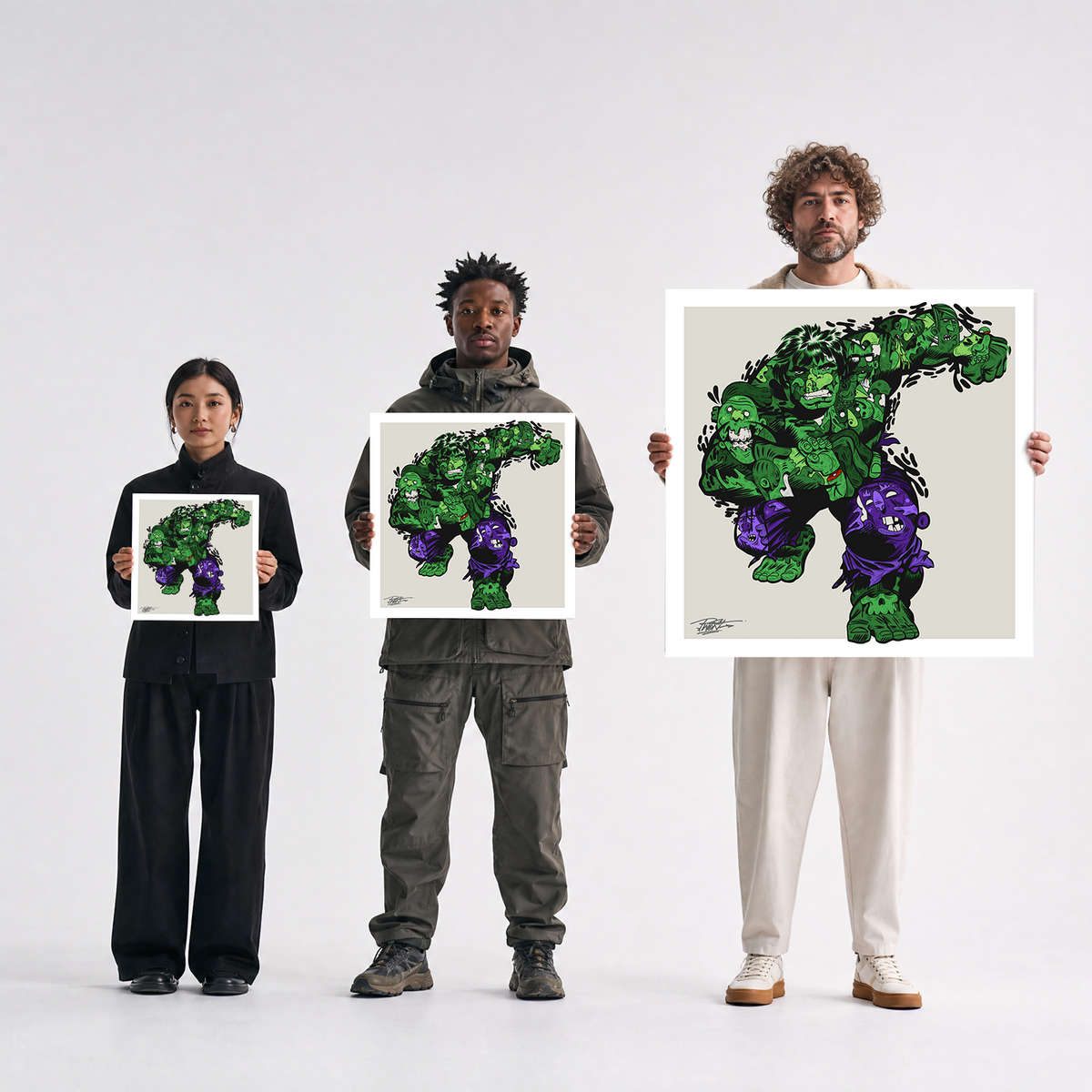 Scale comparison photo showing the 12x12, 20x20, and 40x40 print sizes of 'Mulk' by Sunday Morning, held by three models for size reference.