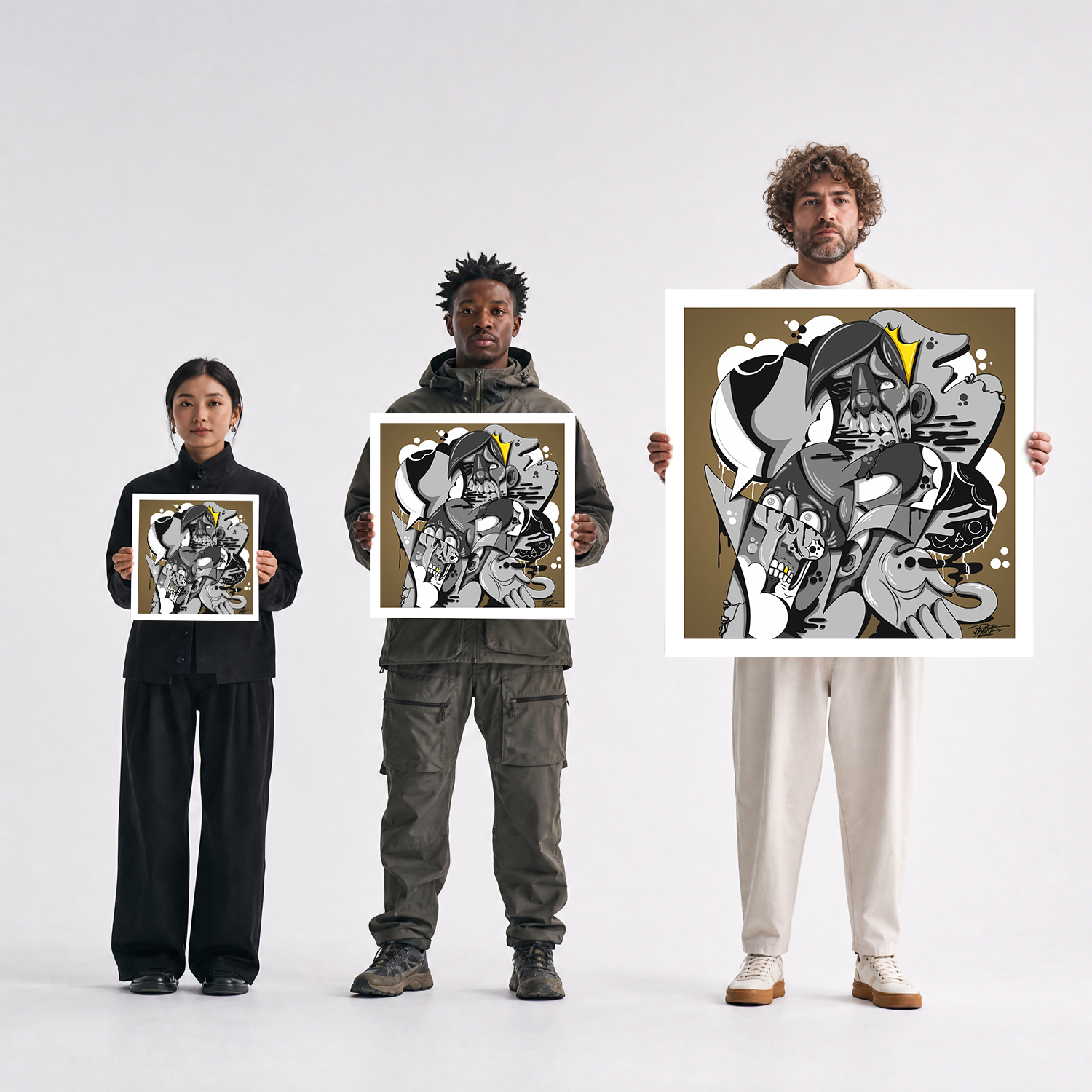 Scale comparison photo showing the 12x12, 20x20, and 40x40 print sizes of 'My Friend Eric' by Sunday Morning, held by three models for size reference.