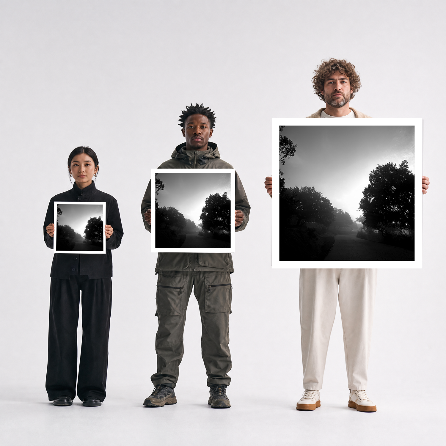 Scale comparison photo showing the 12x12, 20x20, and 40x40 print sizes of 'Nature 1' by Sunday Morning, held by three models for size reference.