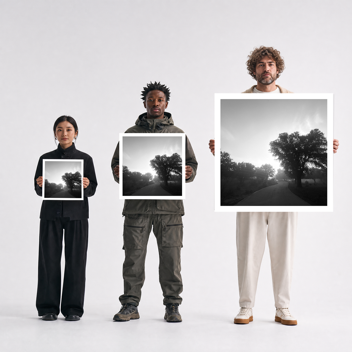 Scale comparison photo showing the 12x12, 20x20, and 40x40 print sizes of 'Nature 2' by Sunday Morning, held by three models for size reference.