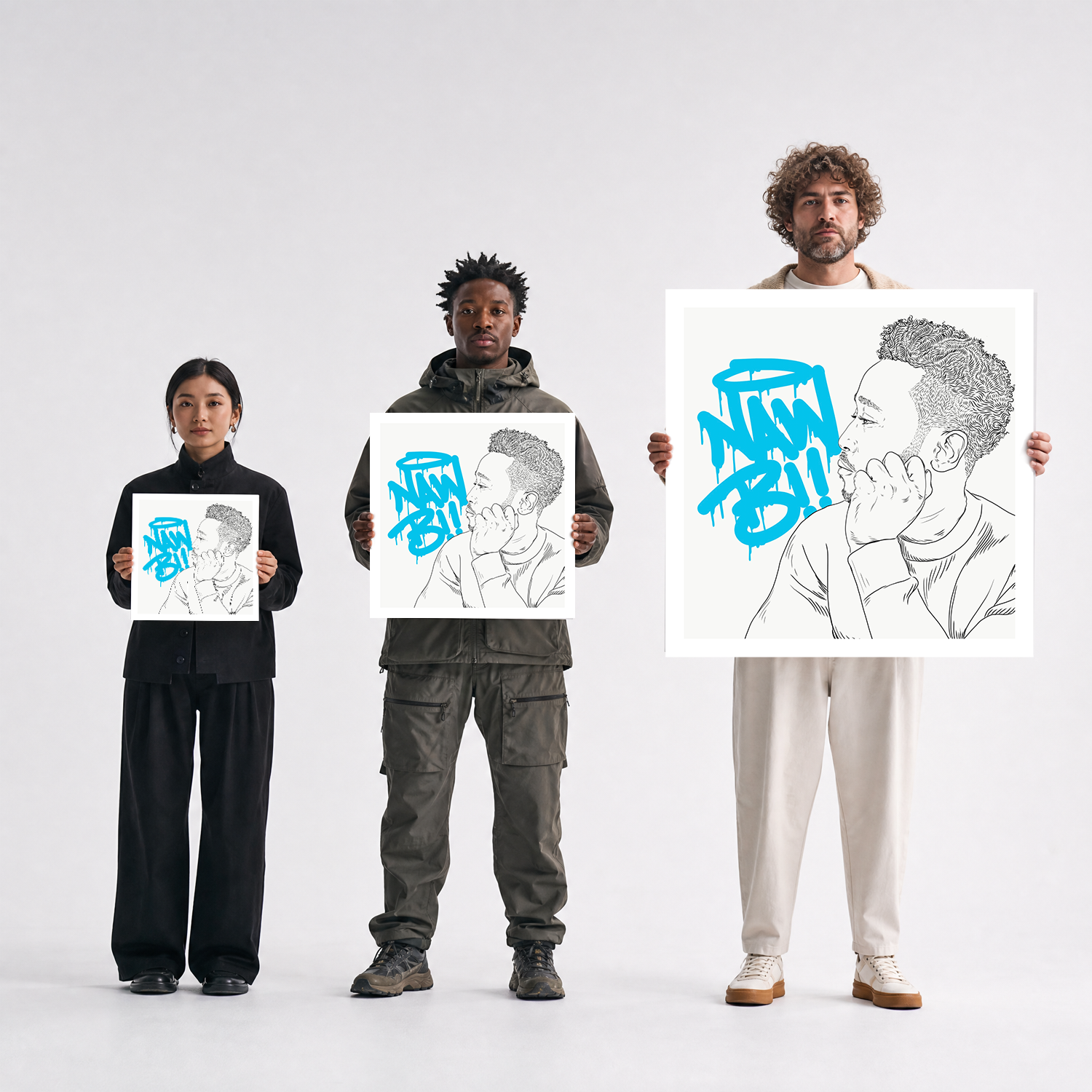 Scale comparison photo showing the 12x12, 20x20, and 40x40 print sizes of 'Naw B' by Sunday Morning, held by three models for size reference.