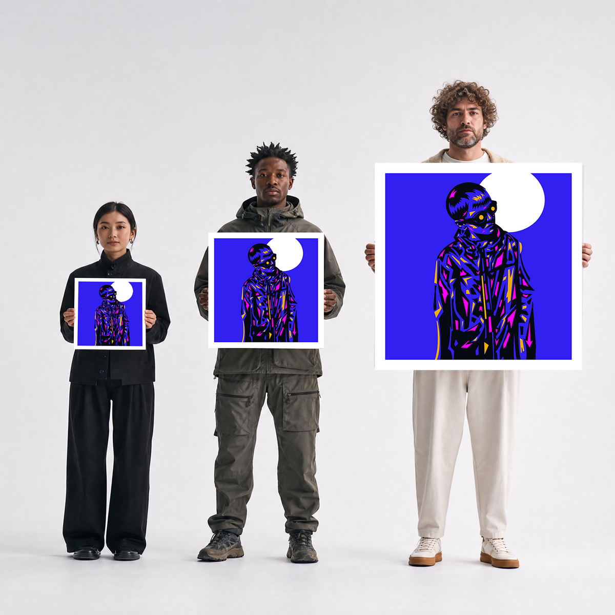 Scale comparison photo showing the 12x12, 20x20, and 40x40 print sizes of 'Neon Ned' by Sunday Morning, held by three models for size reference.