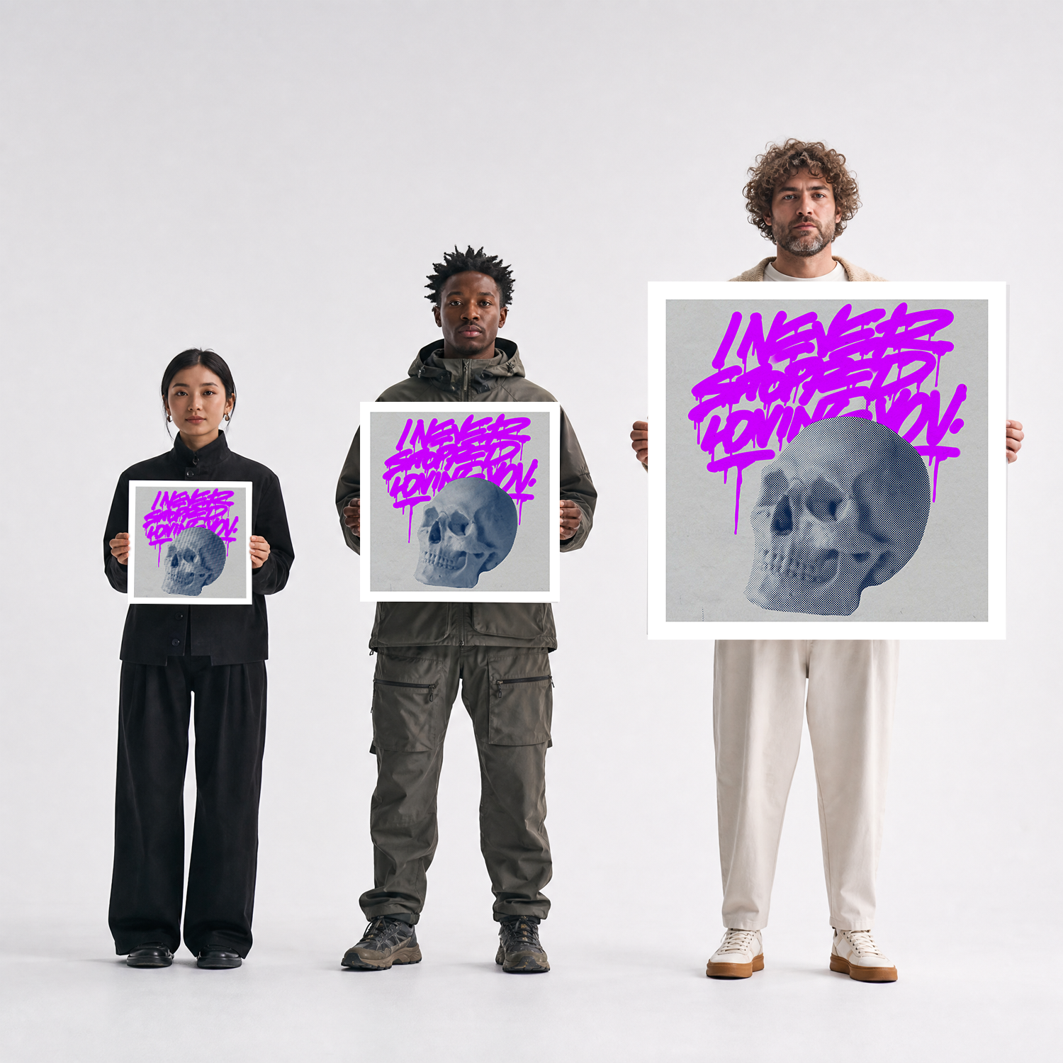 Scale comparison photo showing the 12x12, 20x20, and 40x40 print sizes of 'I Never Stopped Loving You' by Sunday Morning, held by three models for size reference.