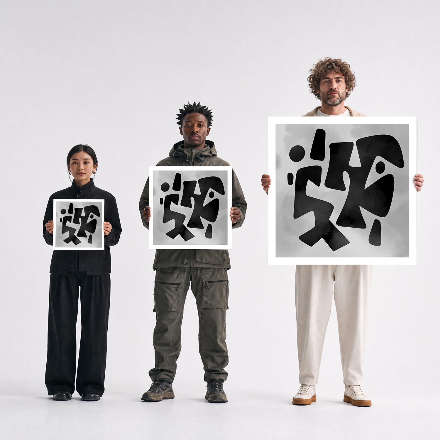 Scale comparison photo showing the 12x12, 20x20, and 40x40 print sizes of 'No 1' by Sunday Morning, held by three models for size reference.