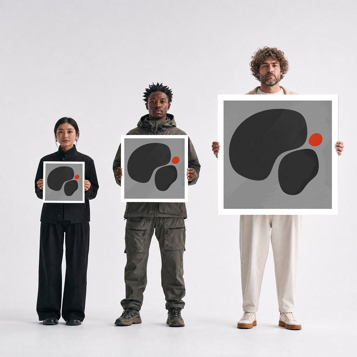 Scale comparison photo showing the 12x12, 20x20, and 40x40 print sizes of 'No 2' by Sunday Morning, held by three models for size reference.