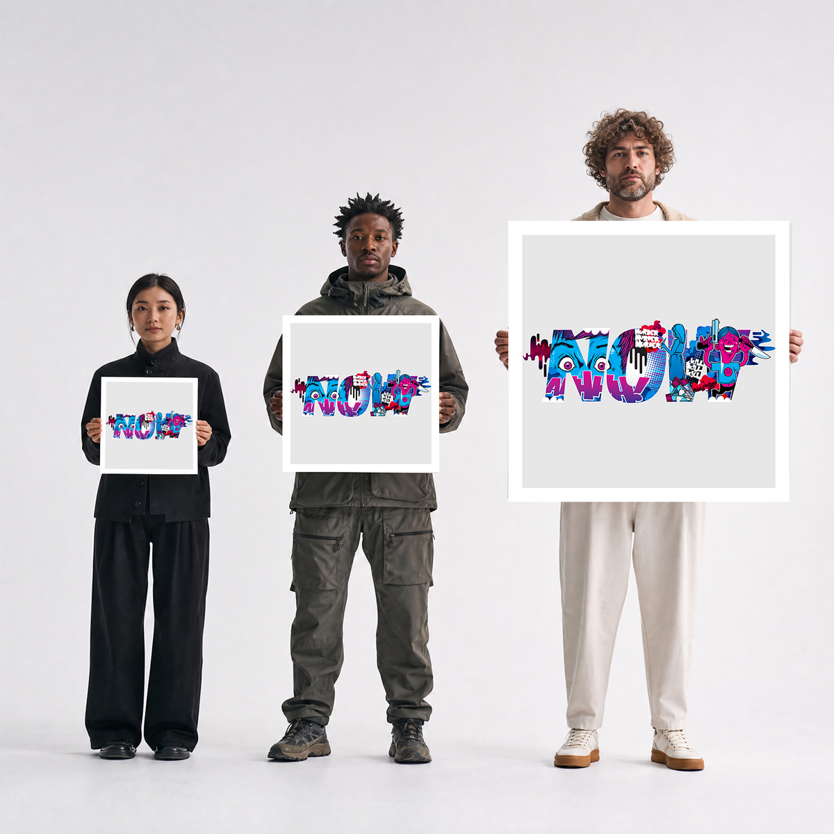 Scale comparison photo showing the 12x12, 20x20, and 40x40 print sizes of 'Now' by Sunday Morning, held by three models for size reference.