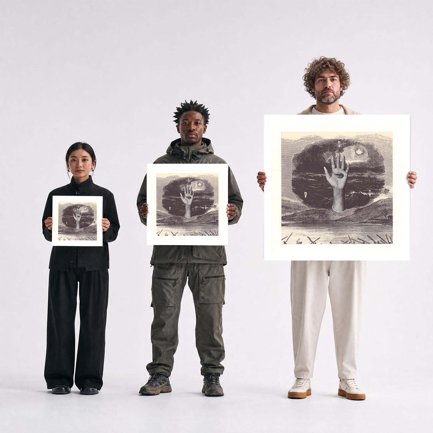 Scale comparison photo showing the 12x12, 20x20, and 40x40 print sizes of 'Ojo' by Sunday Morning, held by three models for size reference.
