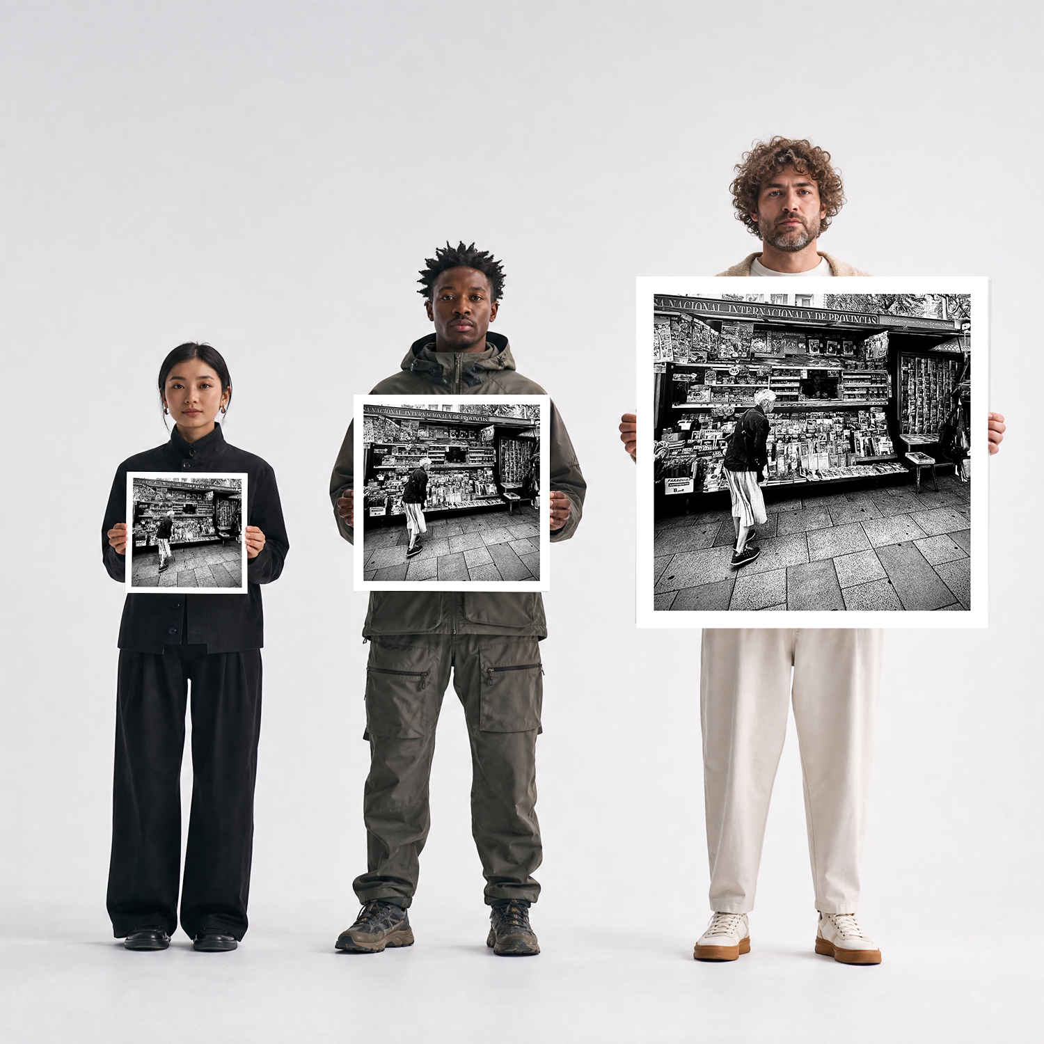 Scale comparison photo showing the 12x12, 20x20, and 40x40 print sizes of 'Old News' by Sunday Morning, held by three models for size reference.
