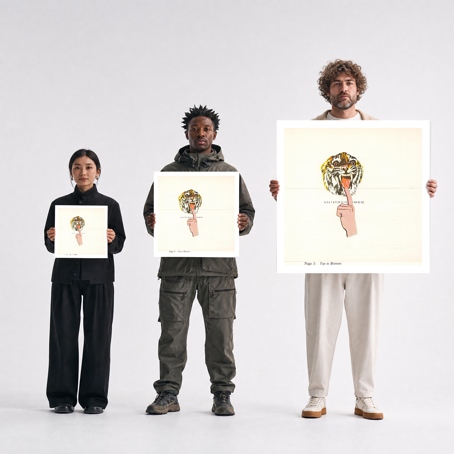 Three people stand against a light gray studio background, each holding a large art print featuring a stylized tiger head and a hand with a red string stretched across the print. The person on the right holds the largest print, while the person in the center holds a smaller version, and the person on the left holds an even smaller one.
