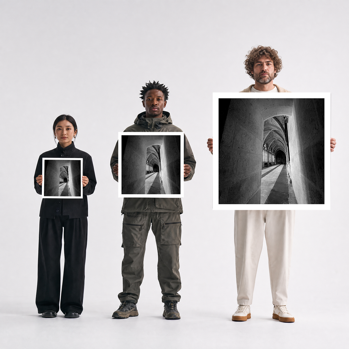 Scale comparison photo showing the 12x12, 20x20, and 40x40 print sizes of 'Peek' by Sunday Morning, held by three models for size reference.