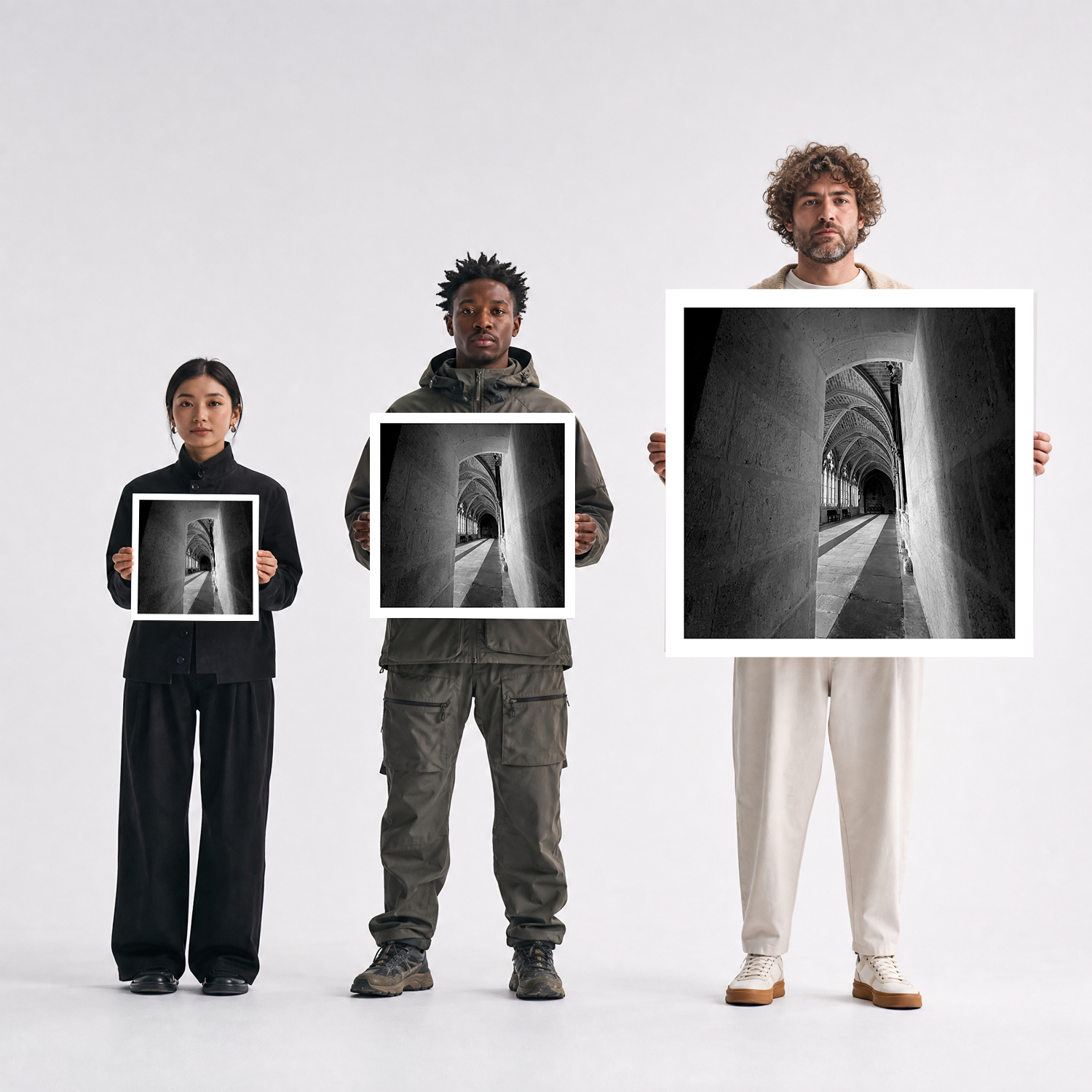 Scale comparison photo showing the 12x12, 20x20, and 40x40 print sizes of 'Peek' by Sunday Morning, held by three models for size reference.
