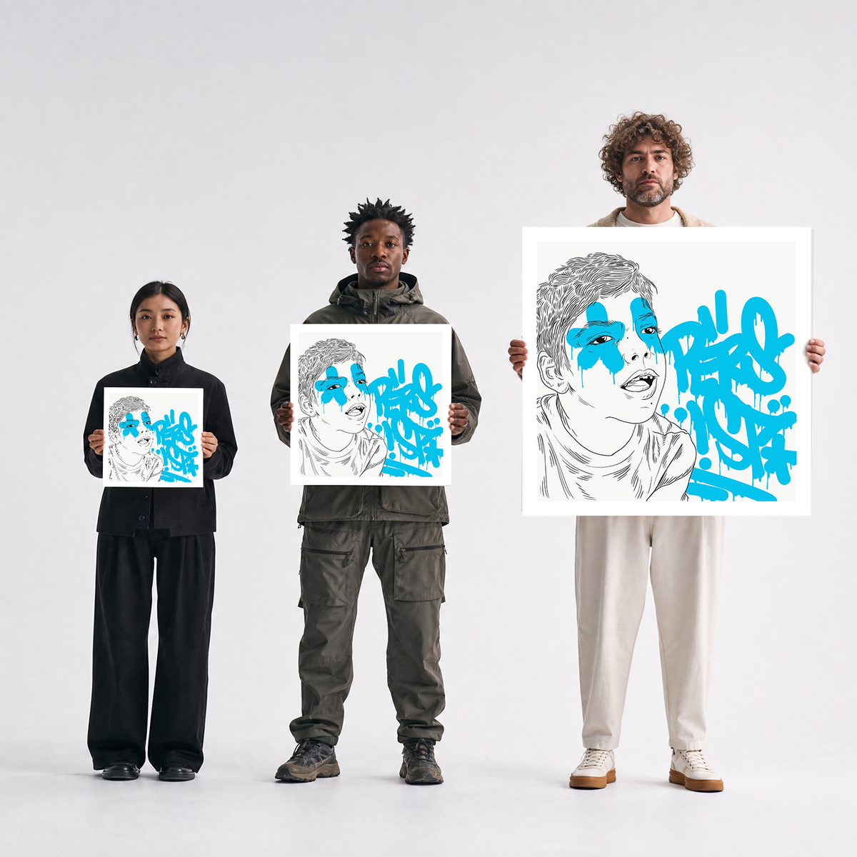 Scale comparison photo showing the 12x12, 20x20, and 40x40 print sizes of 'Persist' by Sunday Morning, held by three models for size reference.