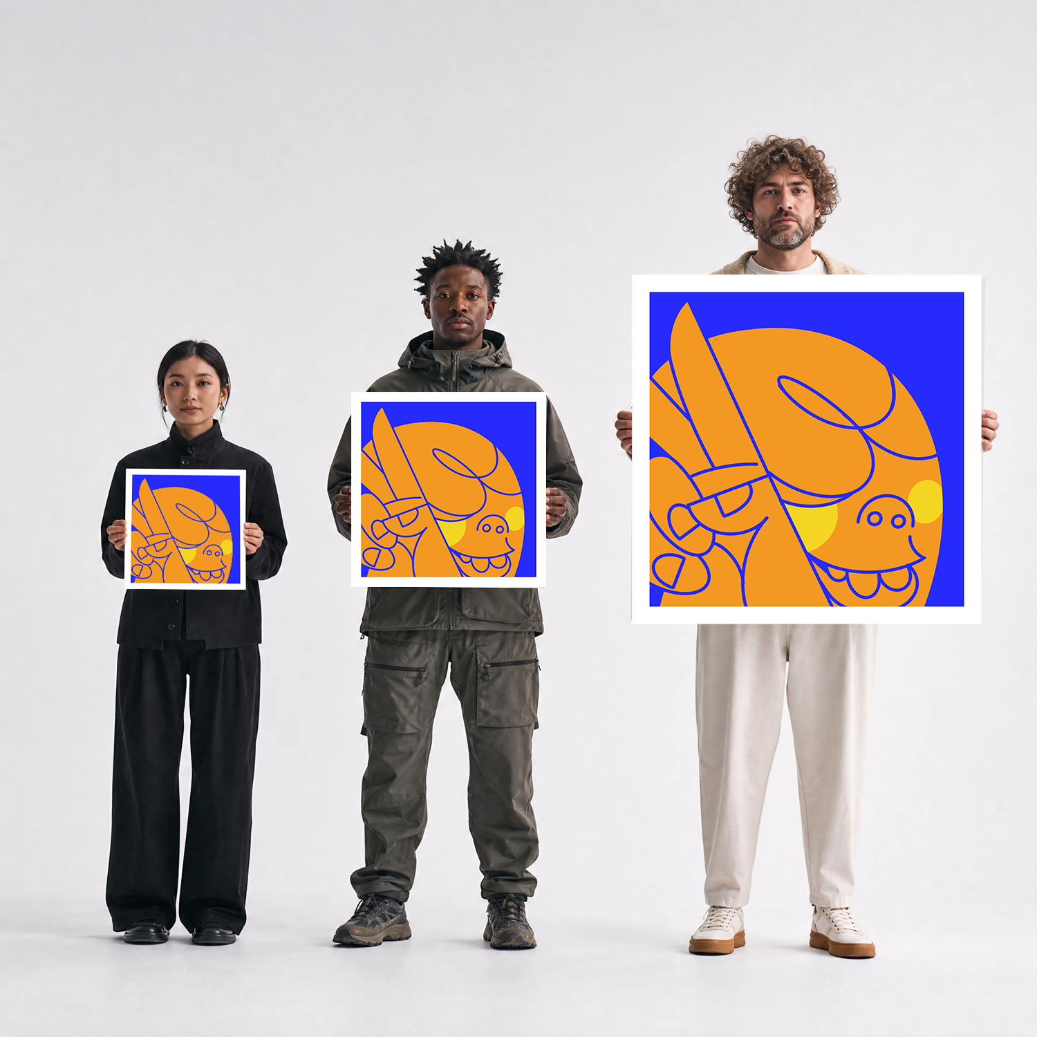 Scale comparison photo showing the 12x12, 20x20, and 40x40 print sizes of 'Piece Out' by Sunday Morning, held by three models for size reference.