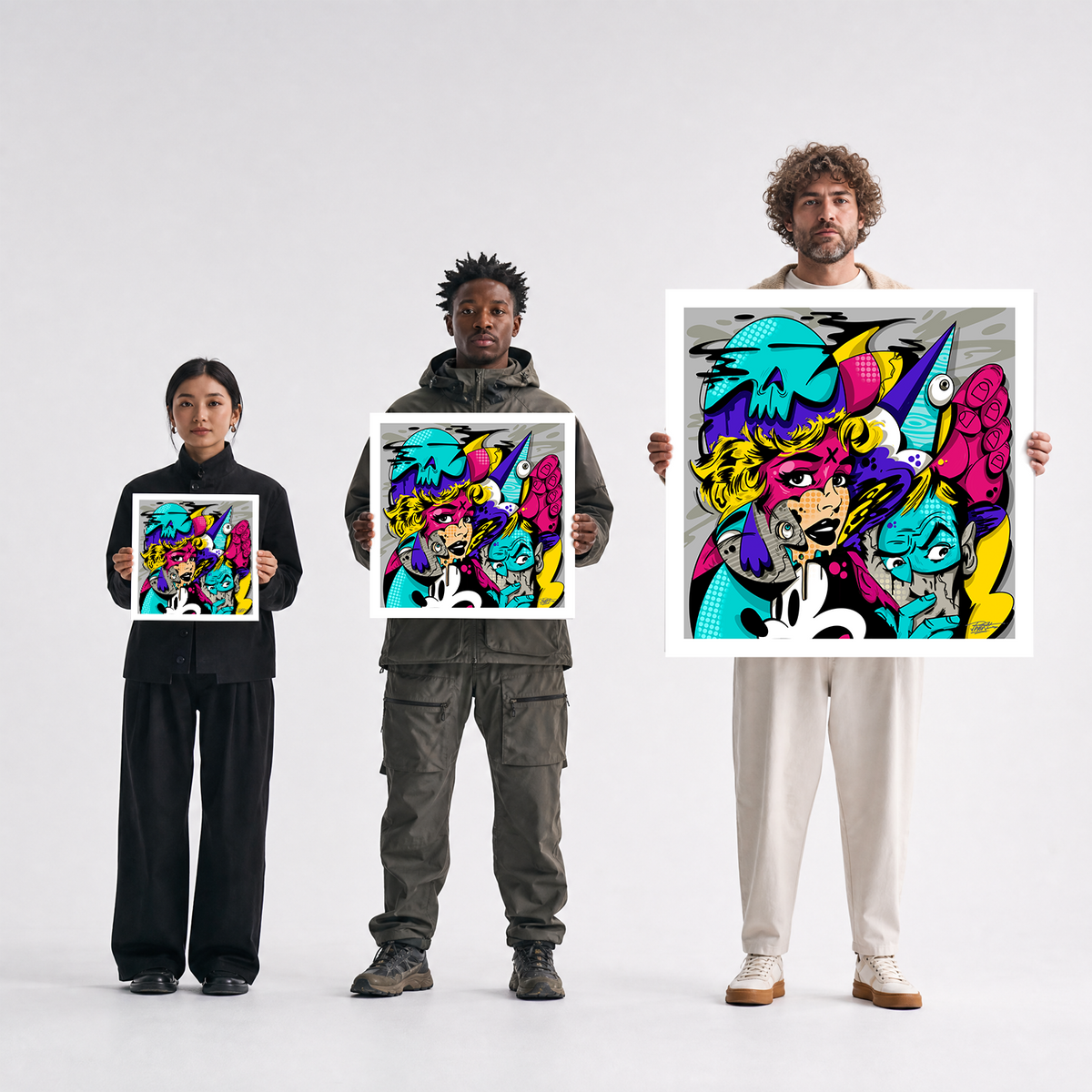 Scale comparison photo showing the 12x12, 20x20, and 40x40 print sizes of 'Plastic Nostalgia' by Sunday Morning, held by three models for size reference.