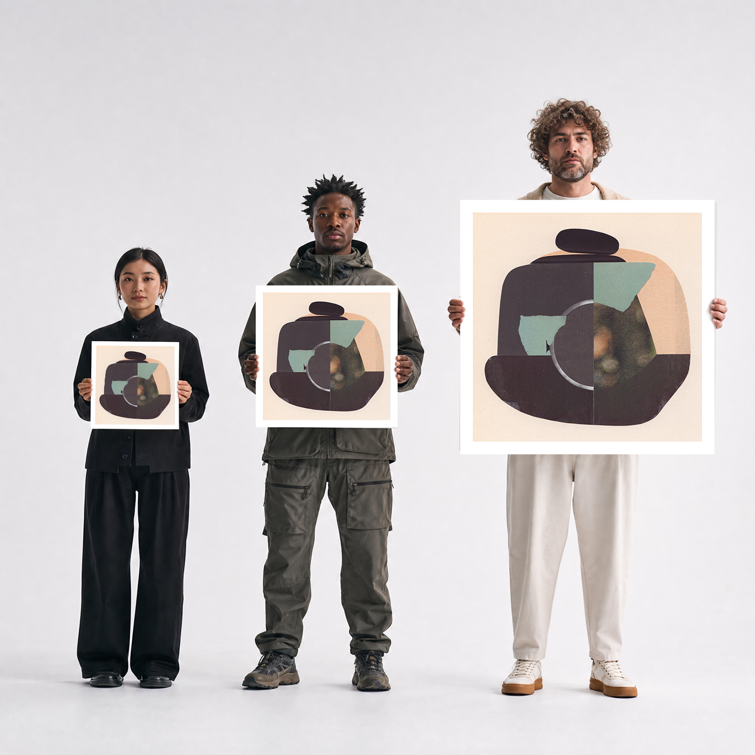 Scale comparison photo showing the 12x12, 20x20, and 40x40 print sizes of 'Plumb' by Sunday Morning, held by three models for size reference.