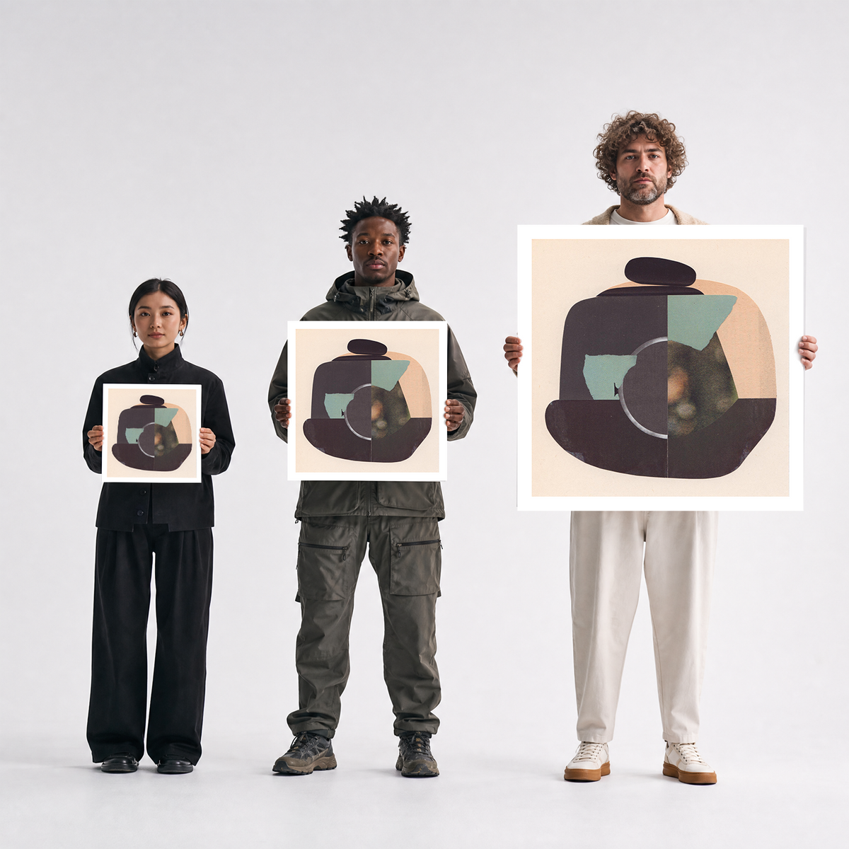 Scale comparison photo showing the 12x12, 20x20, and 40x40 print sizes of 'Plumb' by Sunday Morning, held by three models for size reference.
