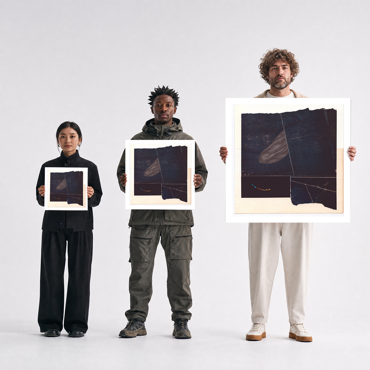 Three people stand against a light gray studio background, each holding a large square art print. The prints show dark abstract landscape-like imagery with cream and beige border areas.