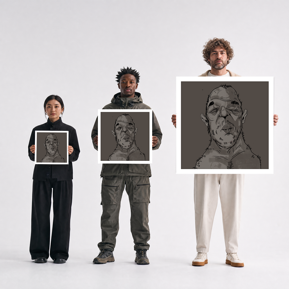 Scale comparison photo showing the 12x12, 20x20, and 40x40 print sizes of 'Punchy' by Sunday Morning, held by three models for size reference.