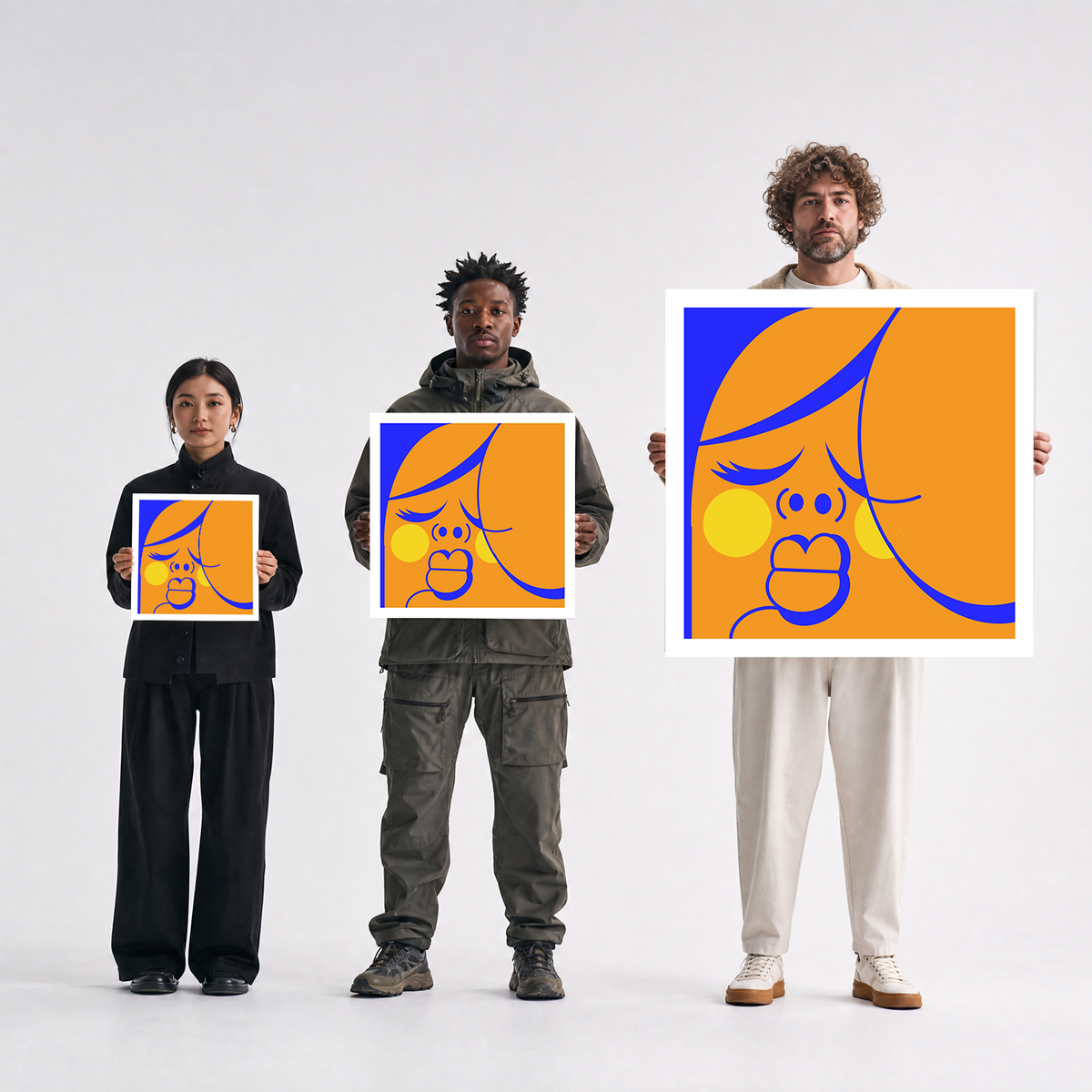 Scale comparison photo showing the 12x12, 20x20, and 40x40 print sizes of 'Purdee' by Sunday Morning, held by three models for size reference.