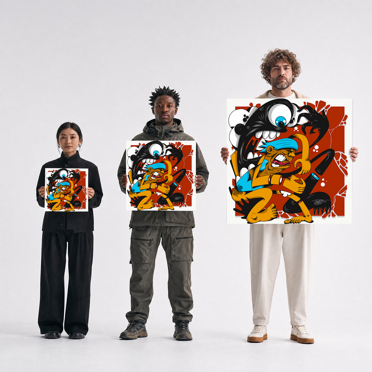Scale comparison photo showing the 12x12, 20x20, and 40x40 print sizes of 'Rawk' by Sunday Morning, held by three models for size reference.