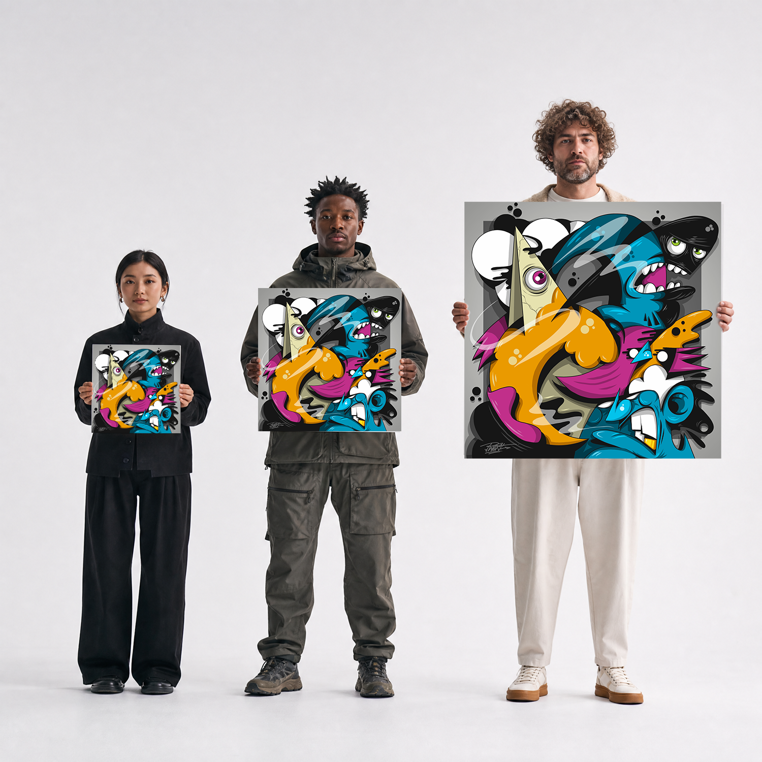 Scale comparison photo showing the 12x12, 20x20, and 40x40 print sizes of 'Reach Back' by Sunday Morning, held by three models for size reference.