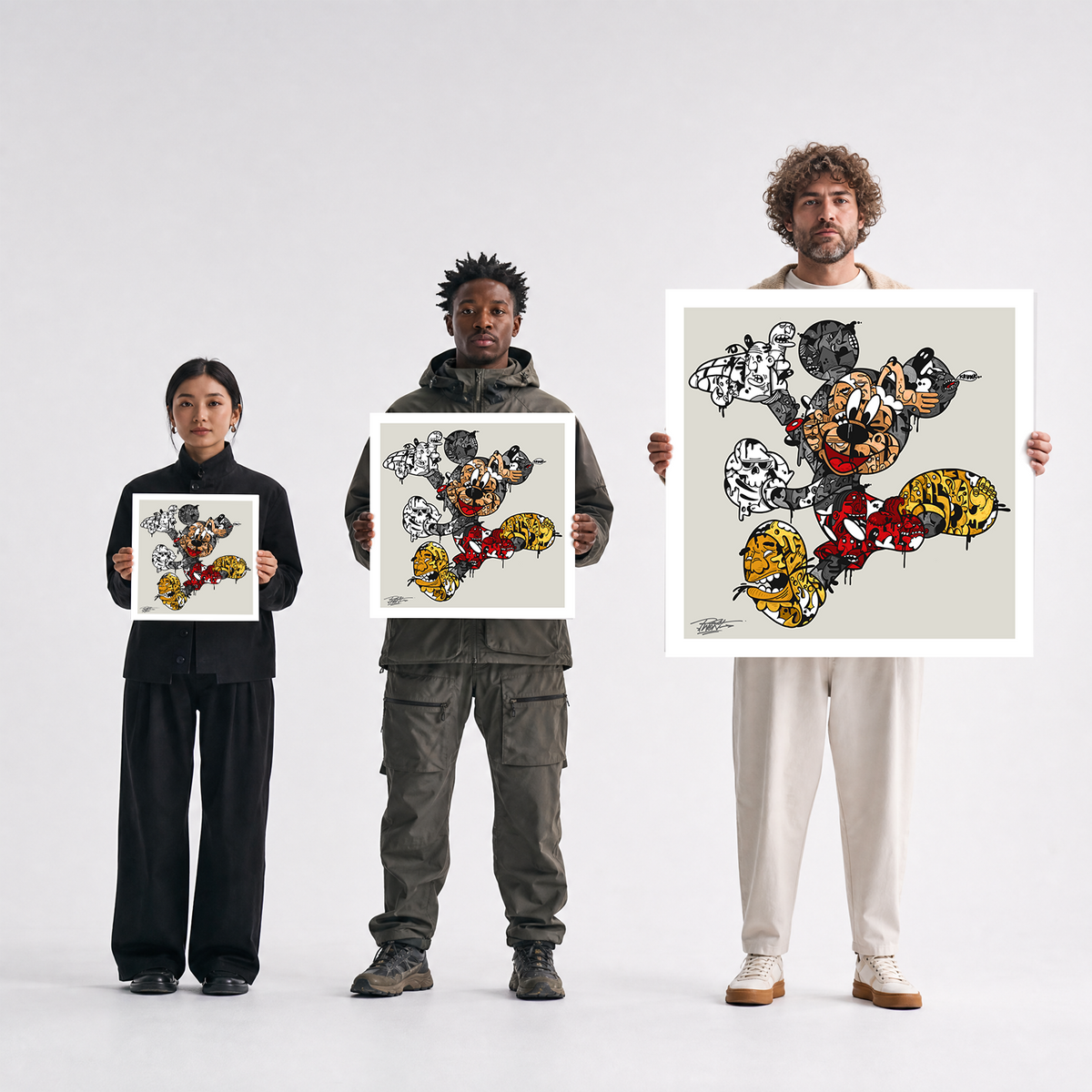 Scale comparison photo showing the 12x12, 20x20, and 40x40 print sizes of 'Rickie Rat' by Sunday Morning, held by three models for size reference.