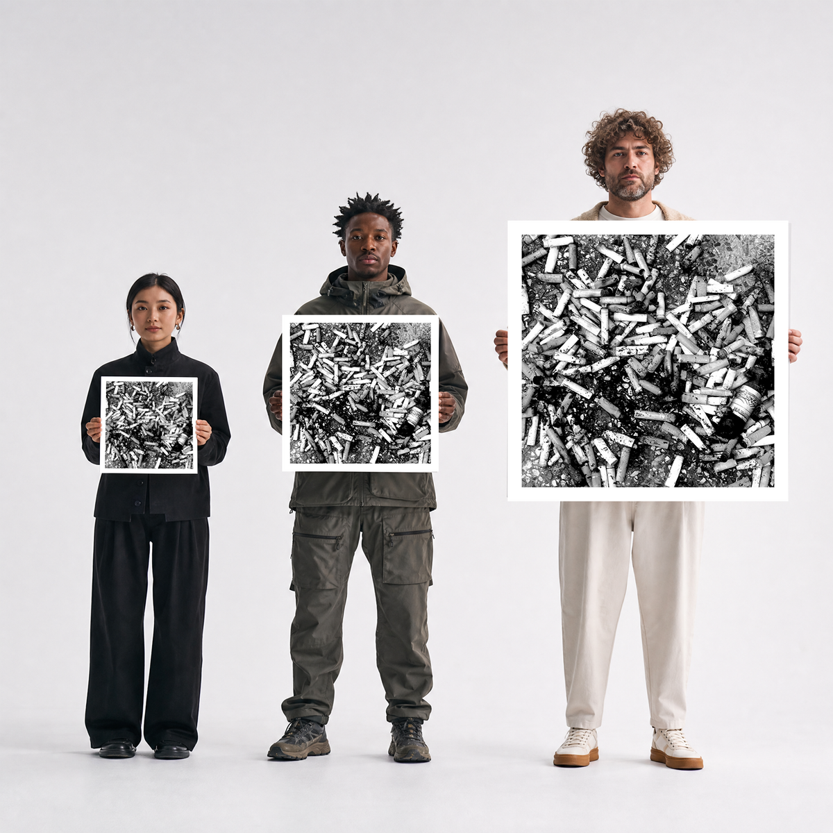 Scale comparison photo showing the 12x12, 20x20, and 40x40 print sizes of 'Ruff Night' by Sunday Morning, held by three models for size reference.