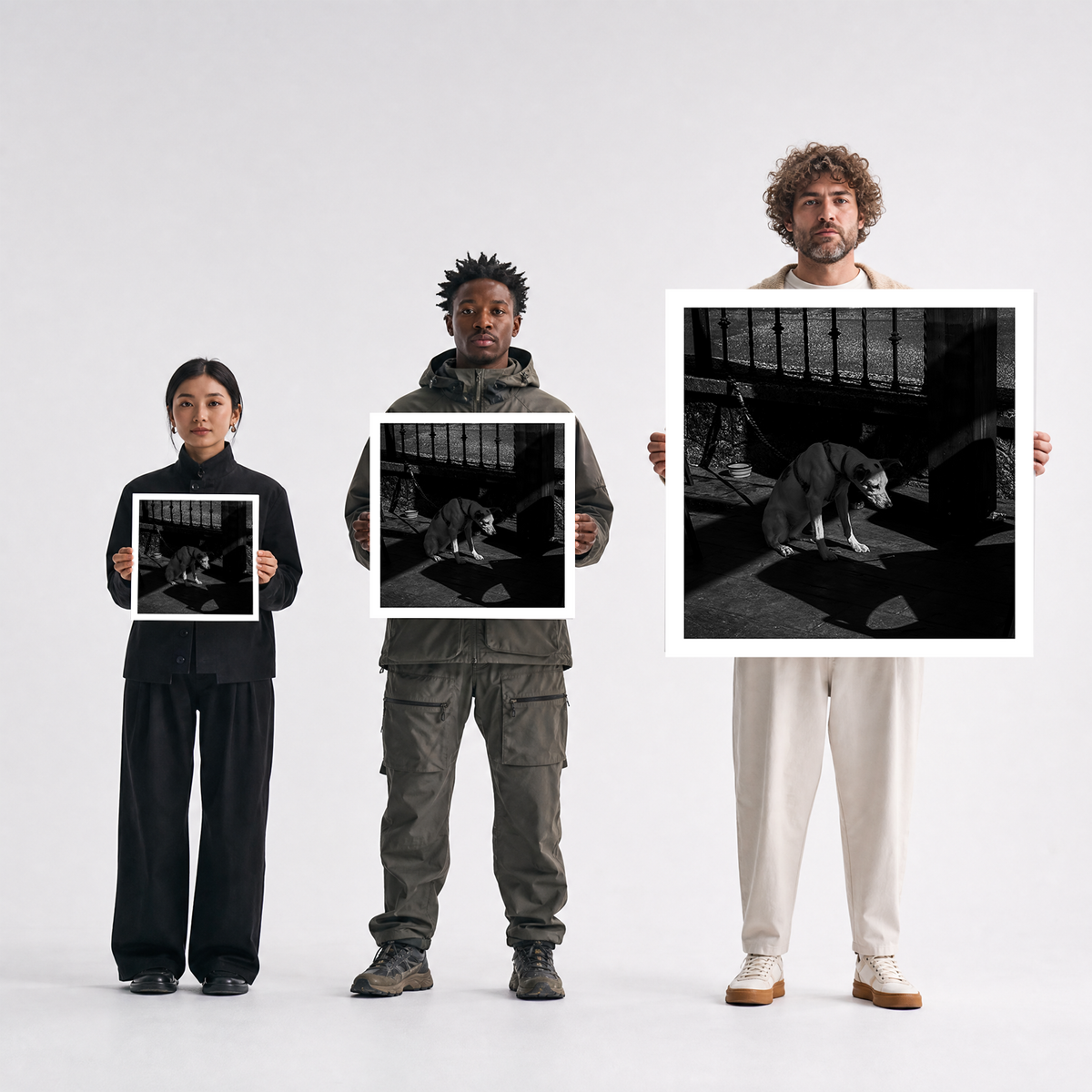 Scale comparison photo showing the 12x12, 20x20, and 40x40 print sizes of 'Sad Boi' by Sunday Morning, held by three models for size reference.