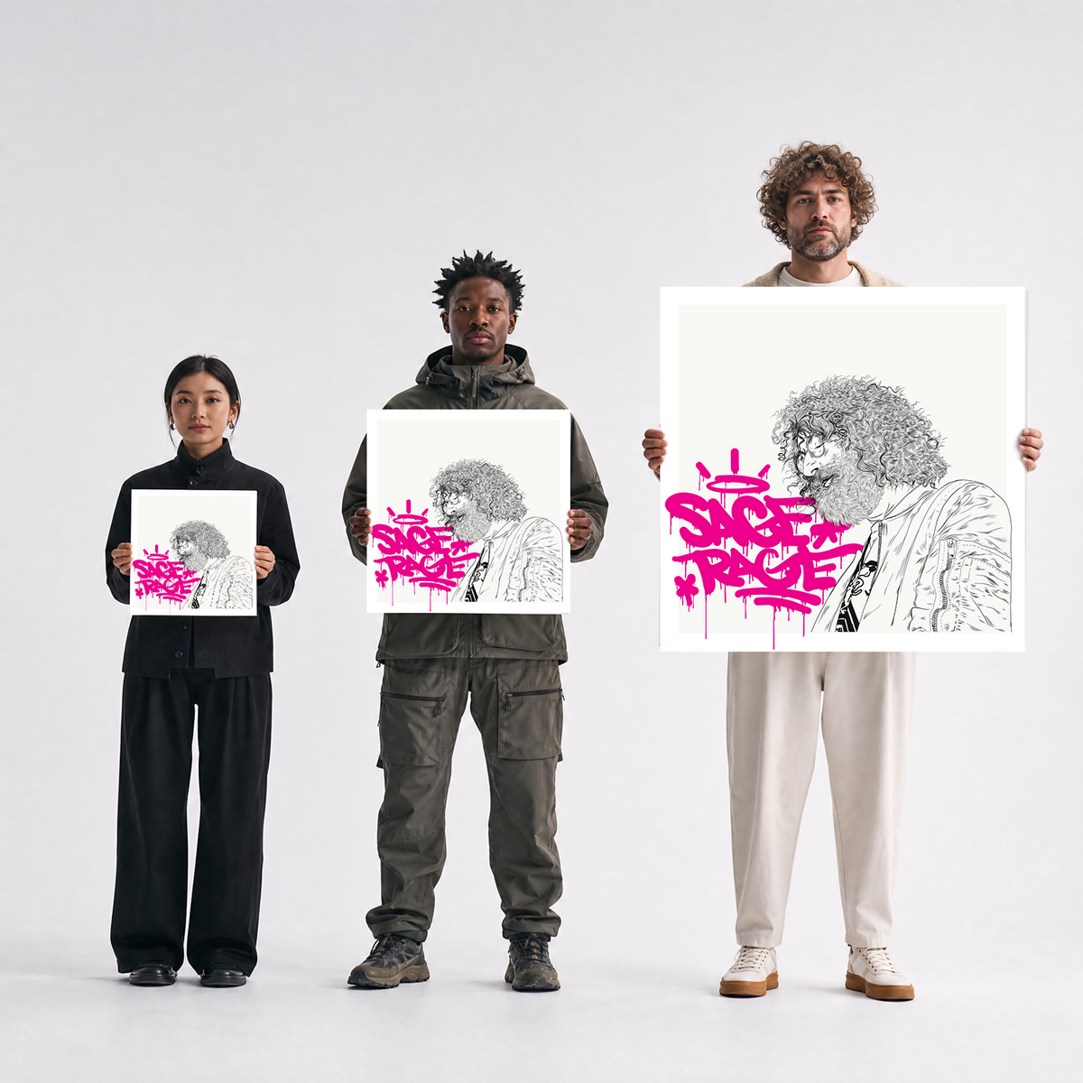 Scale comparison photo showing the 12x12, 20x20, and 40x40 print sizes of 'Sage Rage' by Sunday Morning, held by three models for size reference.