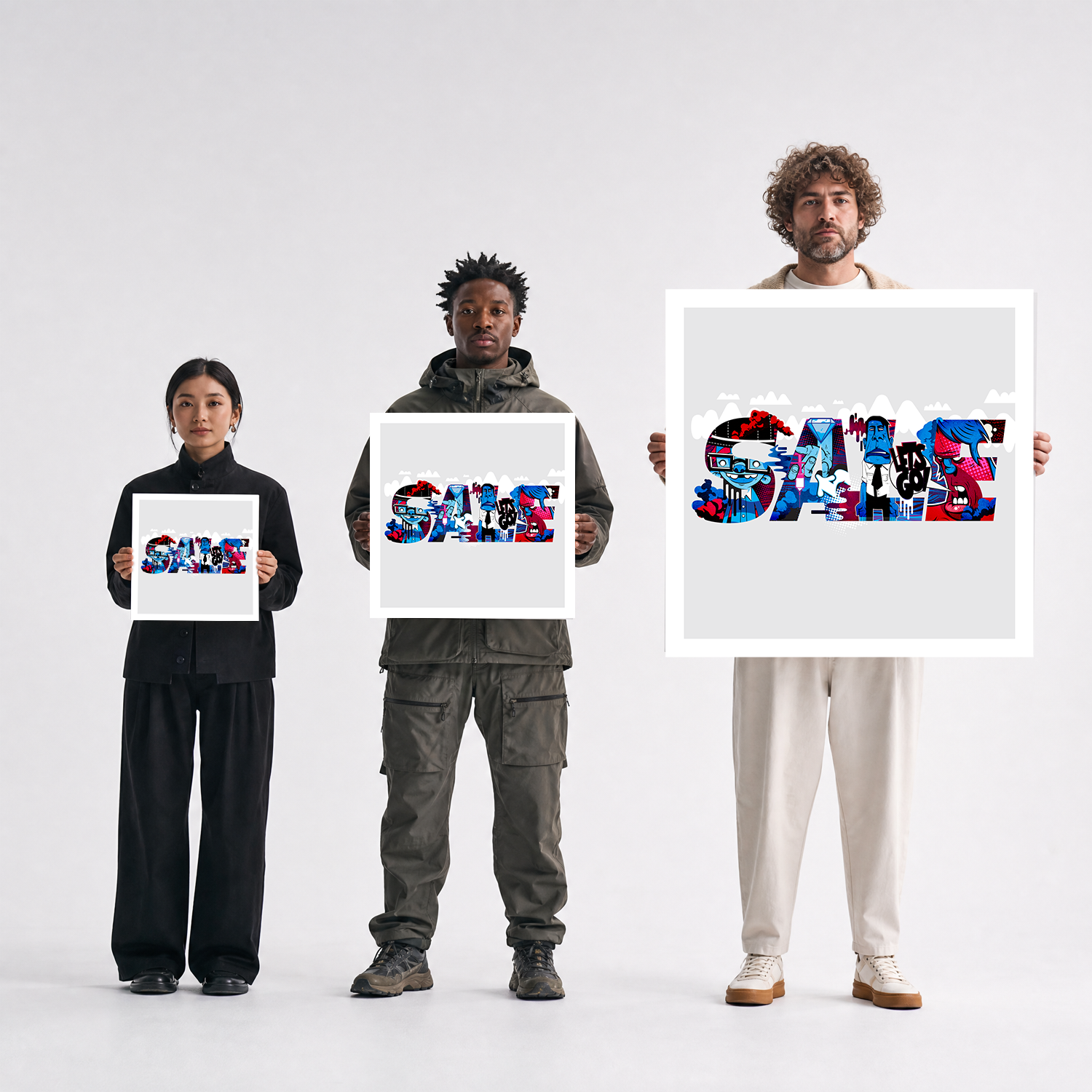 Scale comparison photo showing the 12x12, 20x20, and 40x40 print sizes of 'Sale' by Sunday Morning, held by three models for size reference.