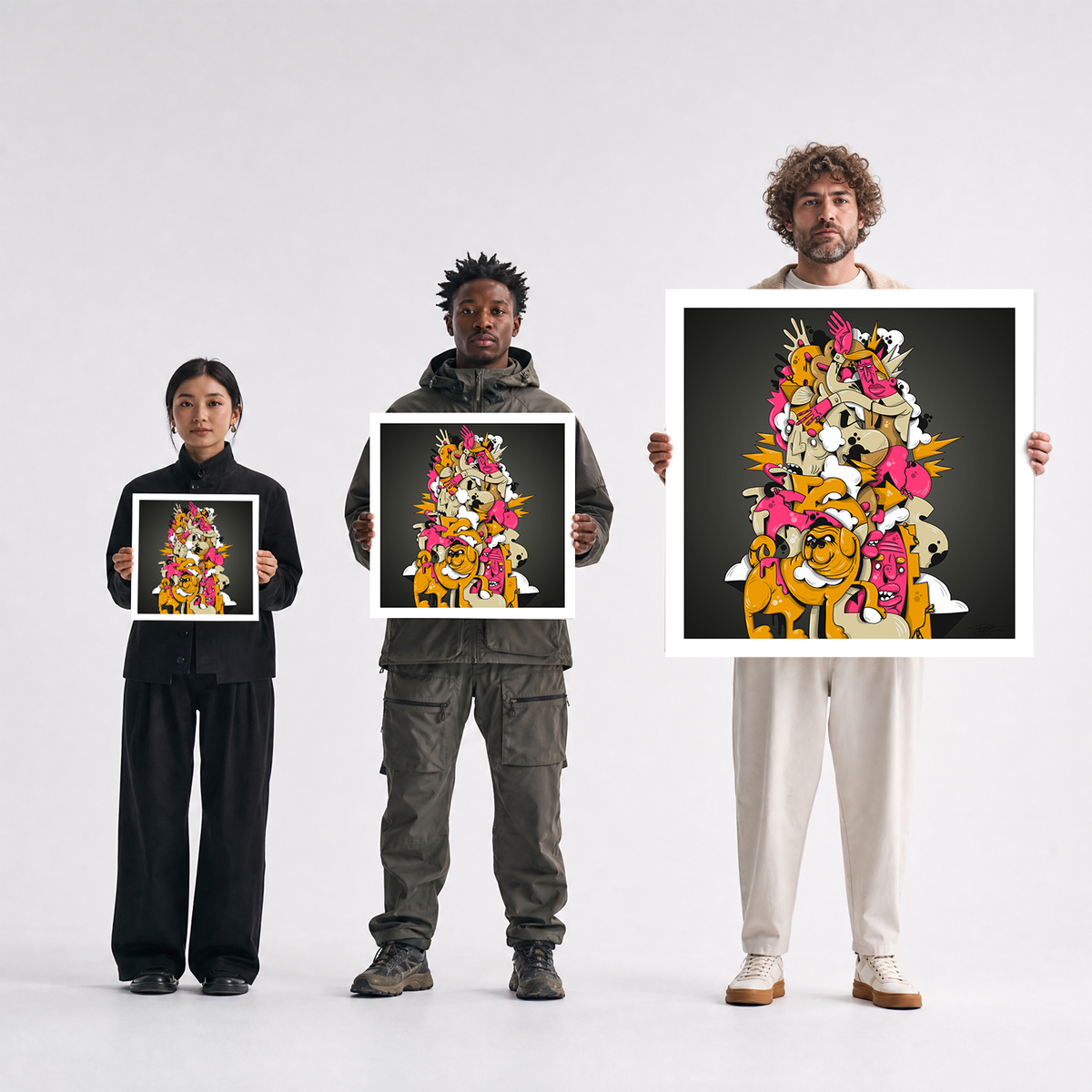 Scale comparison photo showing the 12x12, 20x20, and 40x40 print sizes of 'Sam Was A Good Boy' by Sunday Morning, held by three models for size reference.