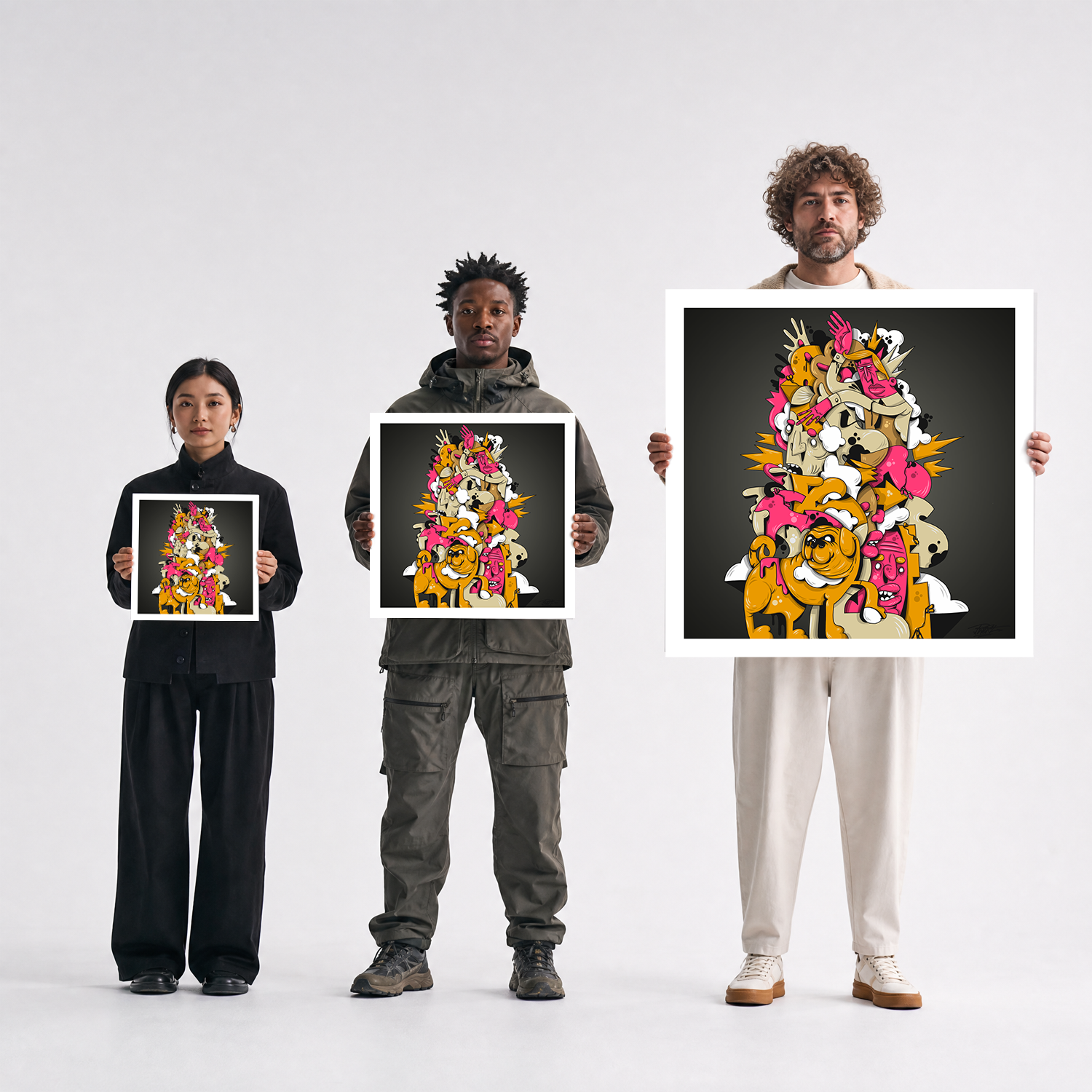 Scale comparison photo showing the 12x12, 20x20, and 40x40 print sizes of 'Sam Was A Good Boy' by Sunday Morning, held by three models for size reference.
