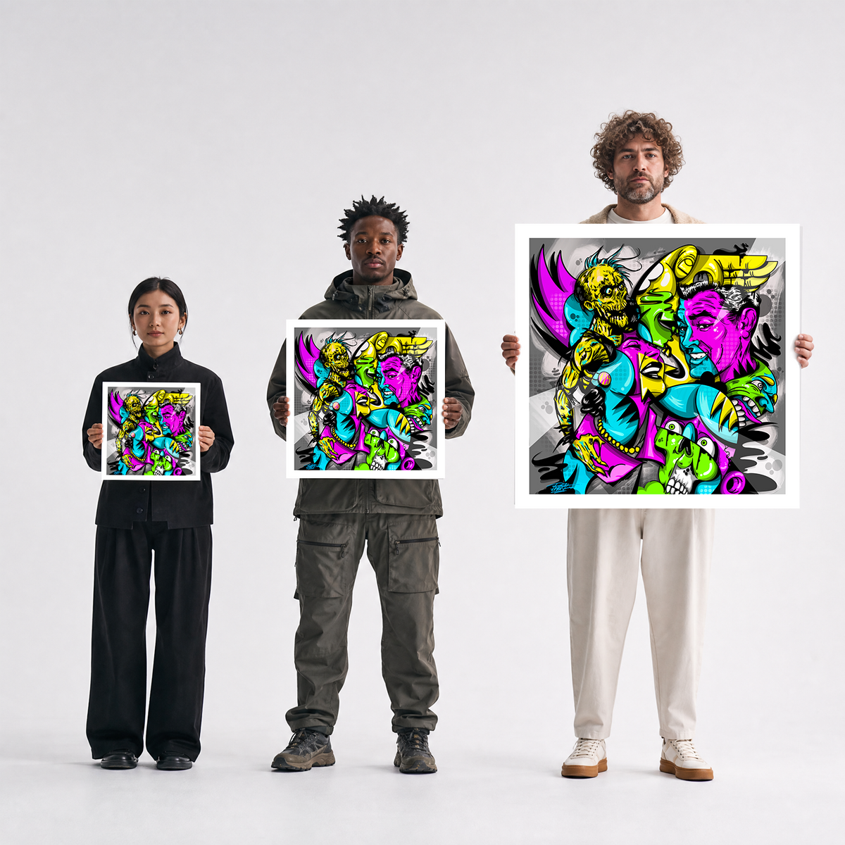 Scale comparison photo showing the 12x12, 20x20, and 40x40 print sizes of 'Scary Love' by Sunday Morning, held by three models for size reference.