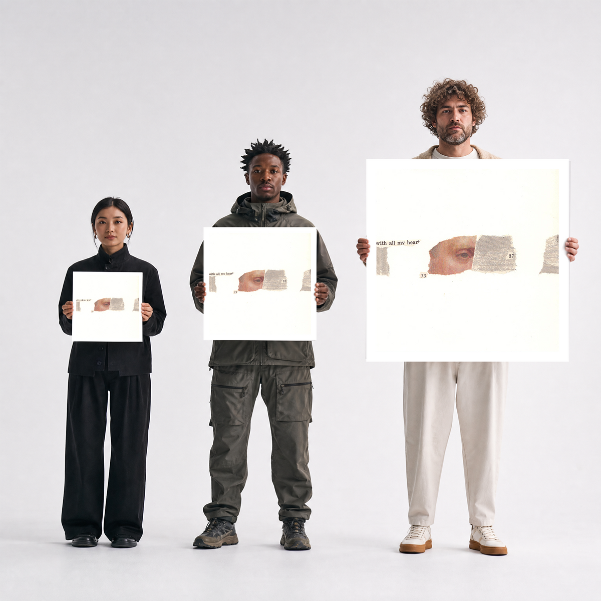 Scale comparison photo showing the 12x12, 20x20, and 40x40 print sizes of 'Seer' by Sunday Morning, held by three models for size reference.