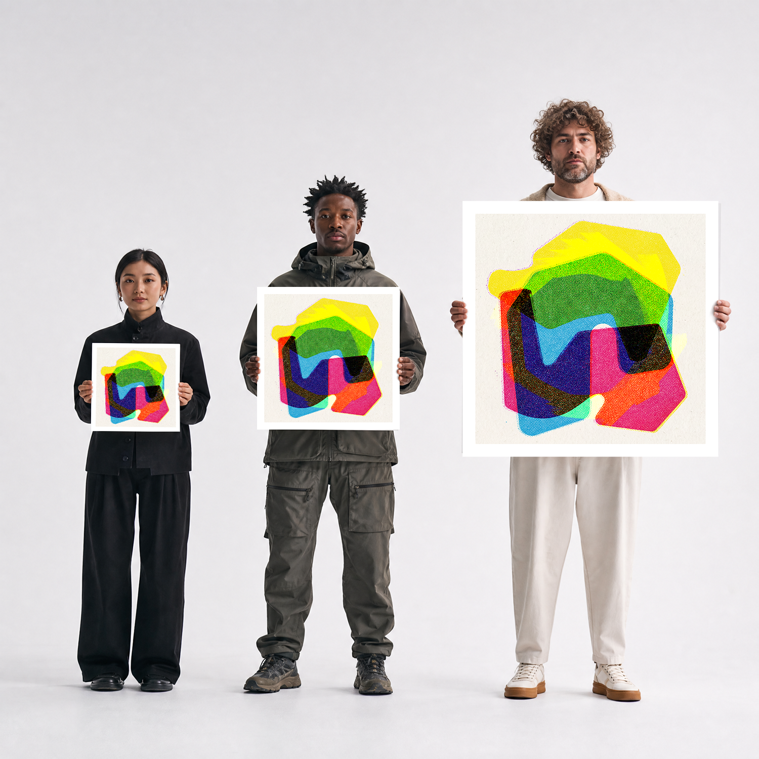 Scale comparison photo showing the 12x12, 20x20, and 40x40 print sizes of 'Shape 1' by Sunday Morning, held by three models for size reference.