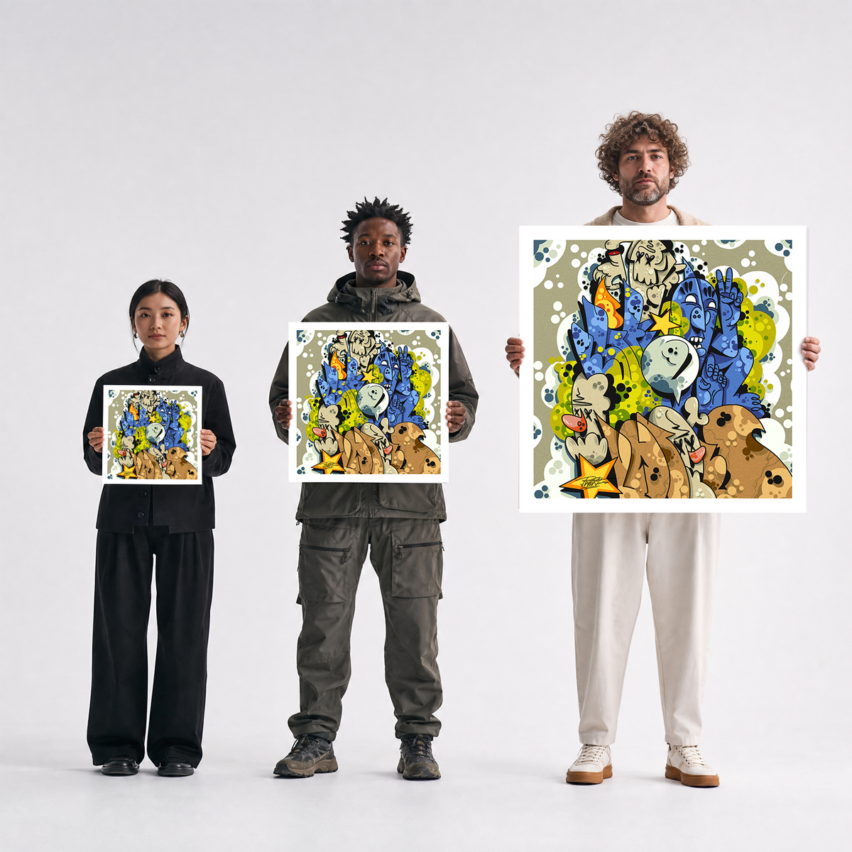 Scale comparison photo showing the 12x12, 20x20, and 40x40 print sizes of 'Sketchbook Shit' by Sunday Morning, held by three models for size reference.