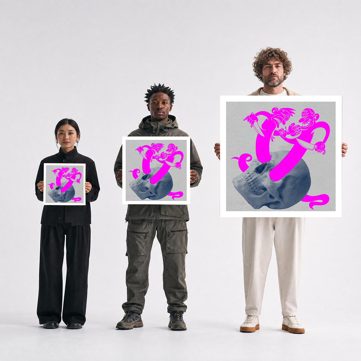 Scale comparison photo showing the 12x12, 20x20, and 40x40 print sizes of 'Strife' by Sunday Morning, held by three models for size reference.