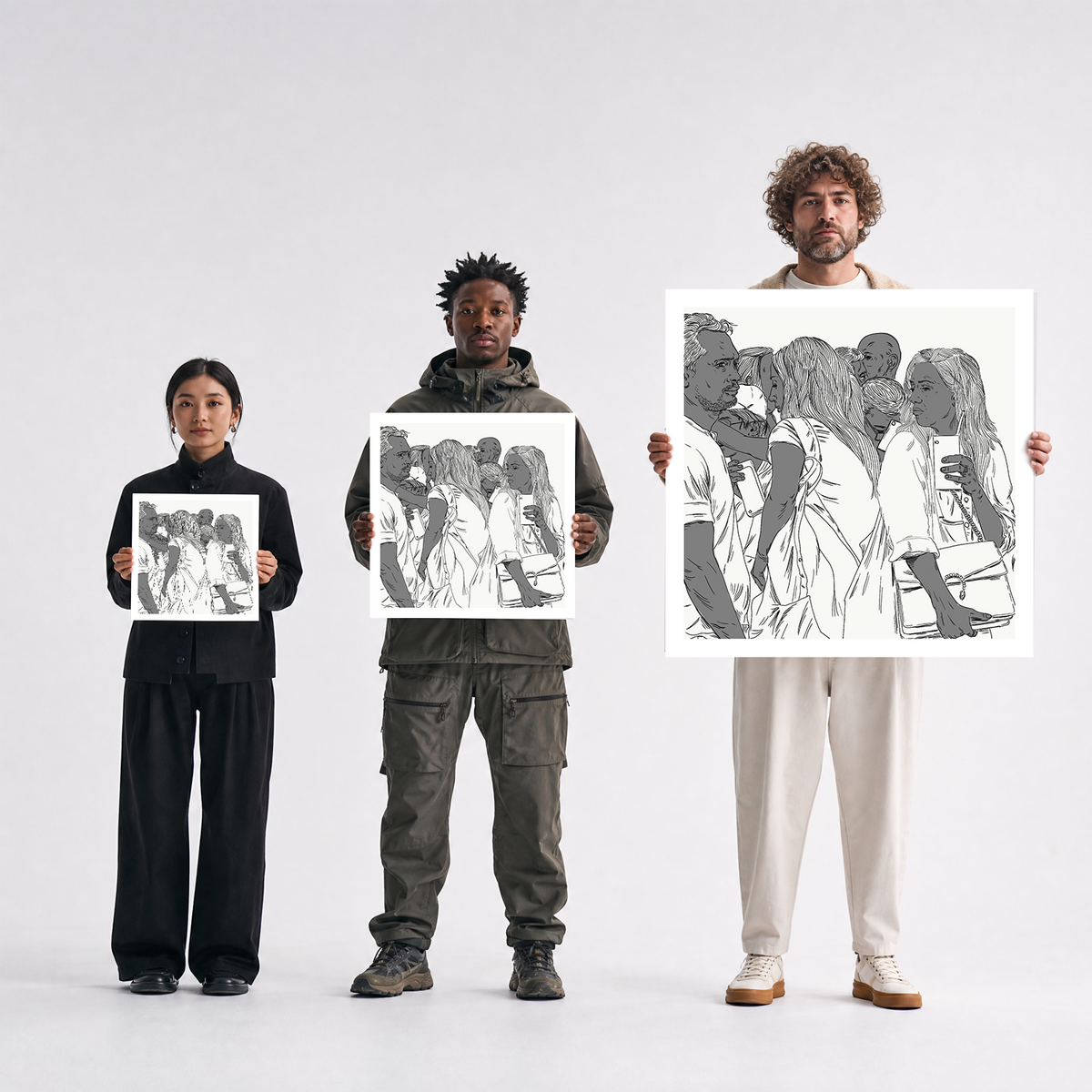 Scale comparison photo showing the 12x12, 20x20, and 40x40 print sizes of 'Sub Human' by Sunday Morning, held by three models for size reference.