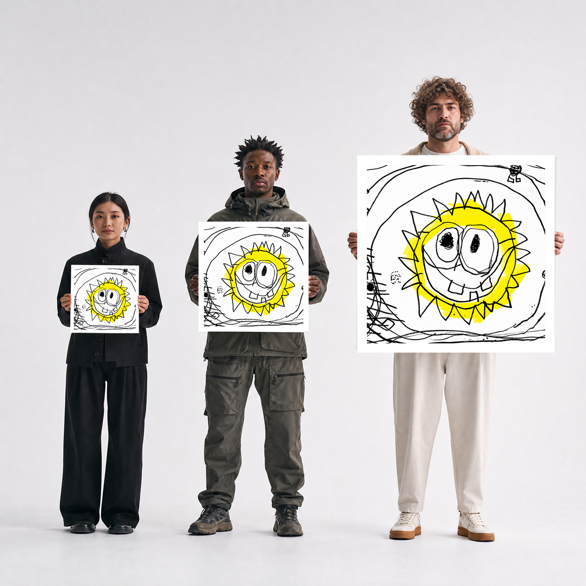 Scale comparison photo showing the 12x12, 20x20, and 40x40 print sizes of 'Sunny Boy' by Sunday Morning, held by three models for size reference.