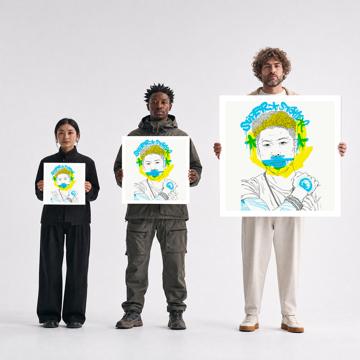 Scale comparison photo showing the 12x12, 20x20, and 40x40 print sizes of 'Super Stoker' by Sunday Morning, held by three models for size reference.