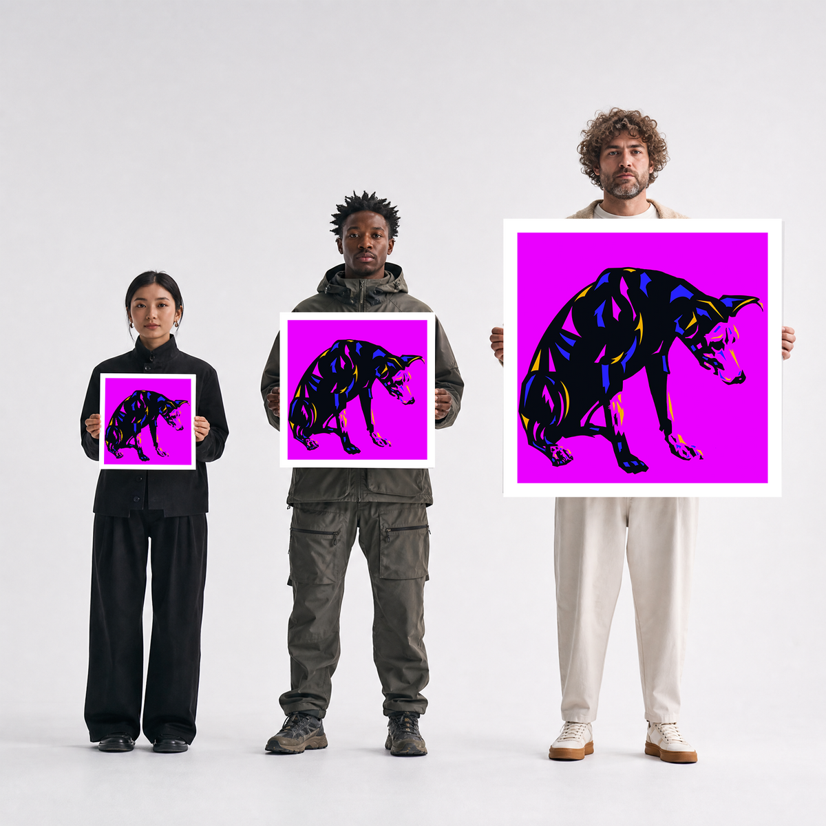 Scale comparison photo showing the 12x12, 20x20, and 40x40 print sizes of 'Sup Dog' by Sunday Morning, held by three models for size reference.