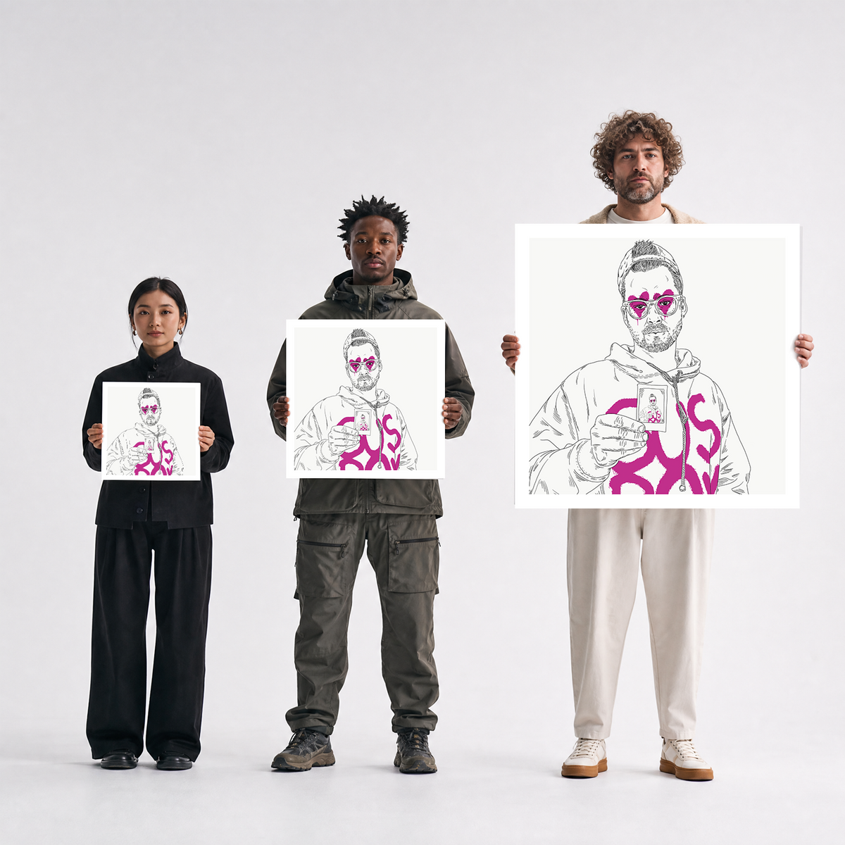 Scale comparison photo showing the 12x12, 20x20, and 40x40 print sizes of 'Sus Boi' by Sunday Morning, held by three models for size reference.