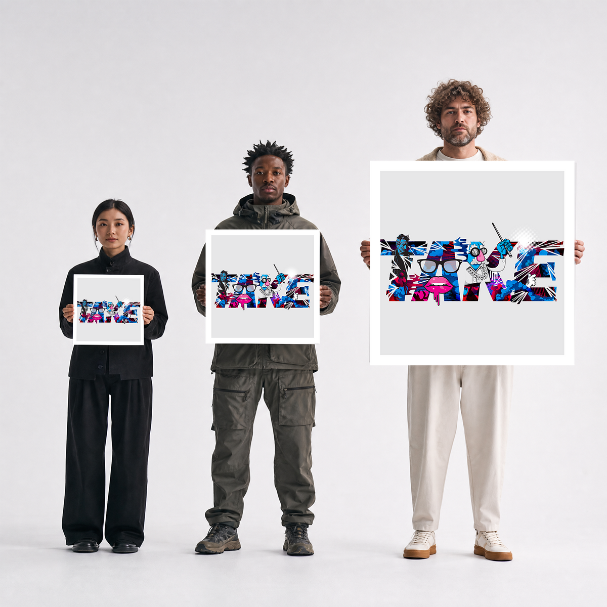 Scale comparison photo showing the 12x12, 20x20, and 40x40 print sizes of 'Take' by Sunday Morning, held by three models for size reference.